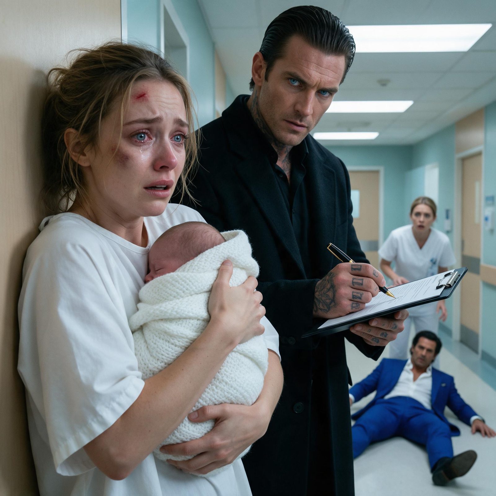 THE INJURED MOTHER CLUTCHED HER NEWBORN AS A MAN TRIED TO TAKE HIM… THEN A TATTOOED STRANGER SAID, “MY BROTHER’S NAME IS ON THE BIRTH RECORD”