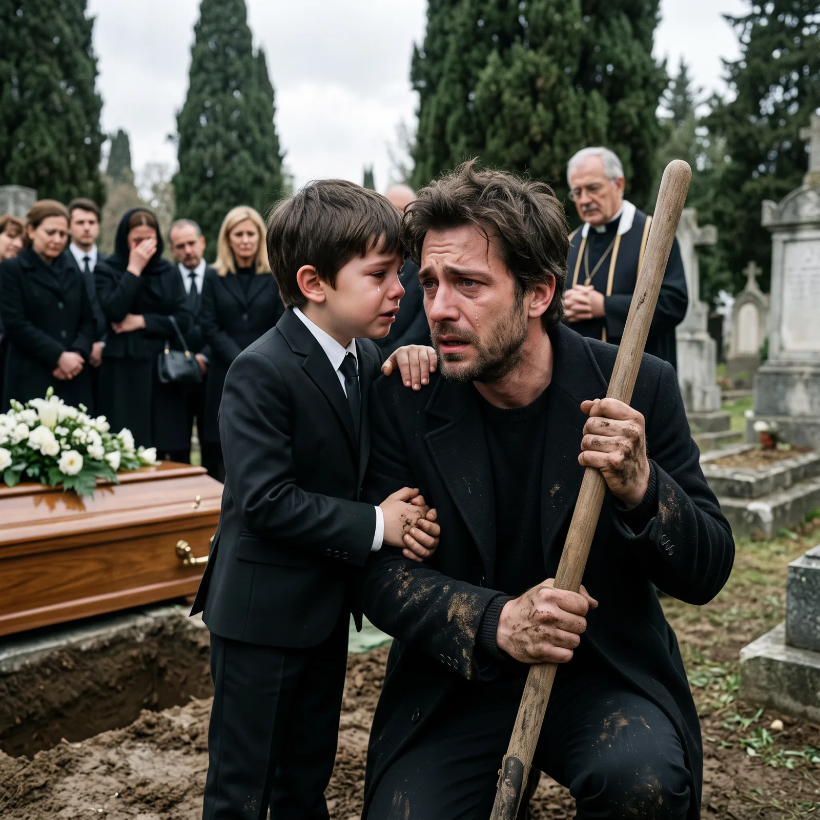 En el funeral de su esposa, su hijo de siete años susurró: «Papá, mamá está viva»… y al abrir el ataúd descubrieron quién quería enterrarla