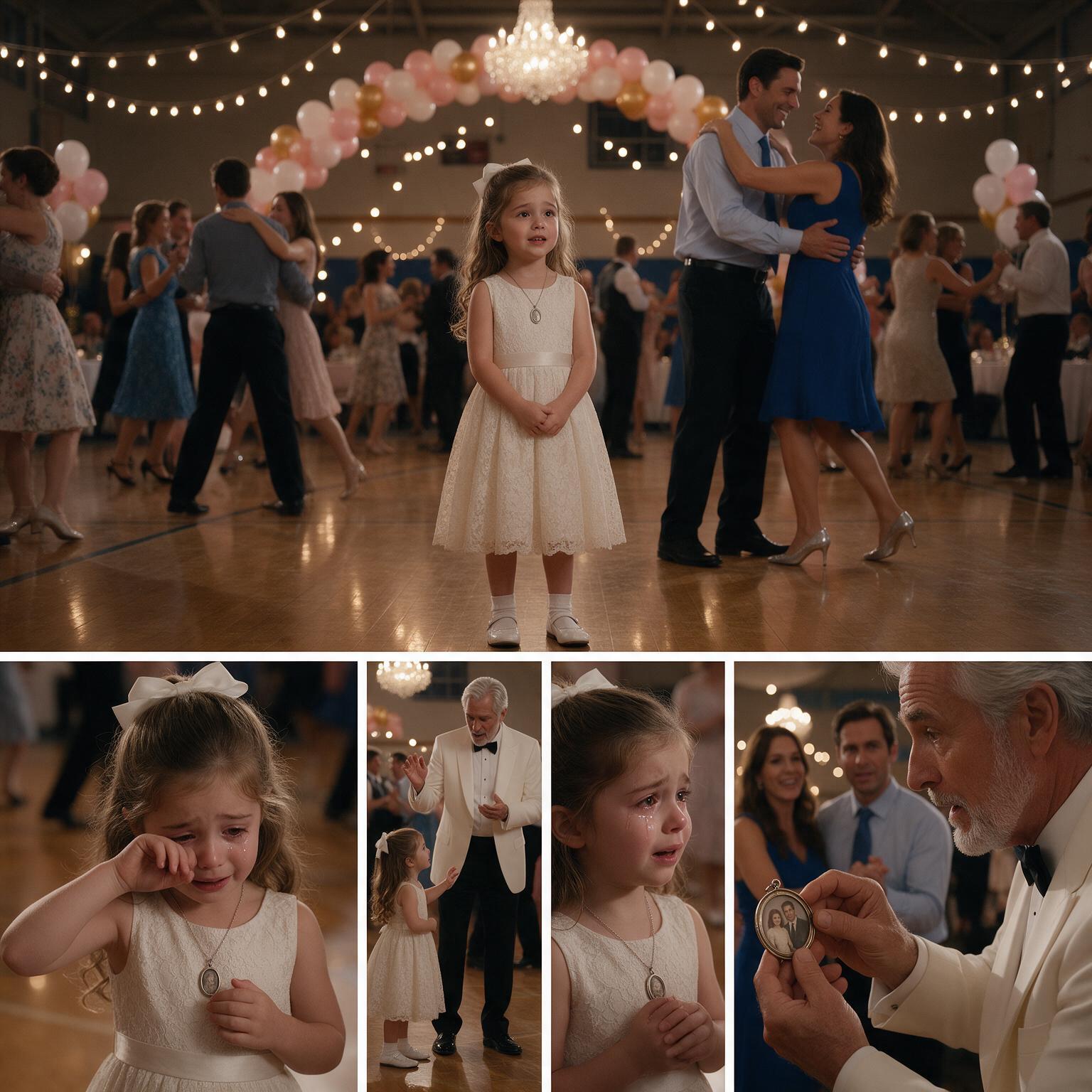 LA NIÑA LLORABA SOLA MIENTRAS SU PADRE BAILABA CON OTRA MUJER… PERO CUANDO UN ANCIANO VIO SU MEDALLÓN, TODA LA BODA QUEDÓ EN SILENCIO
