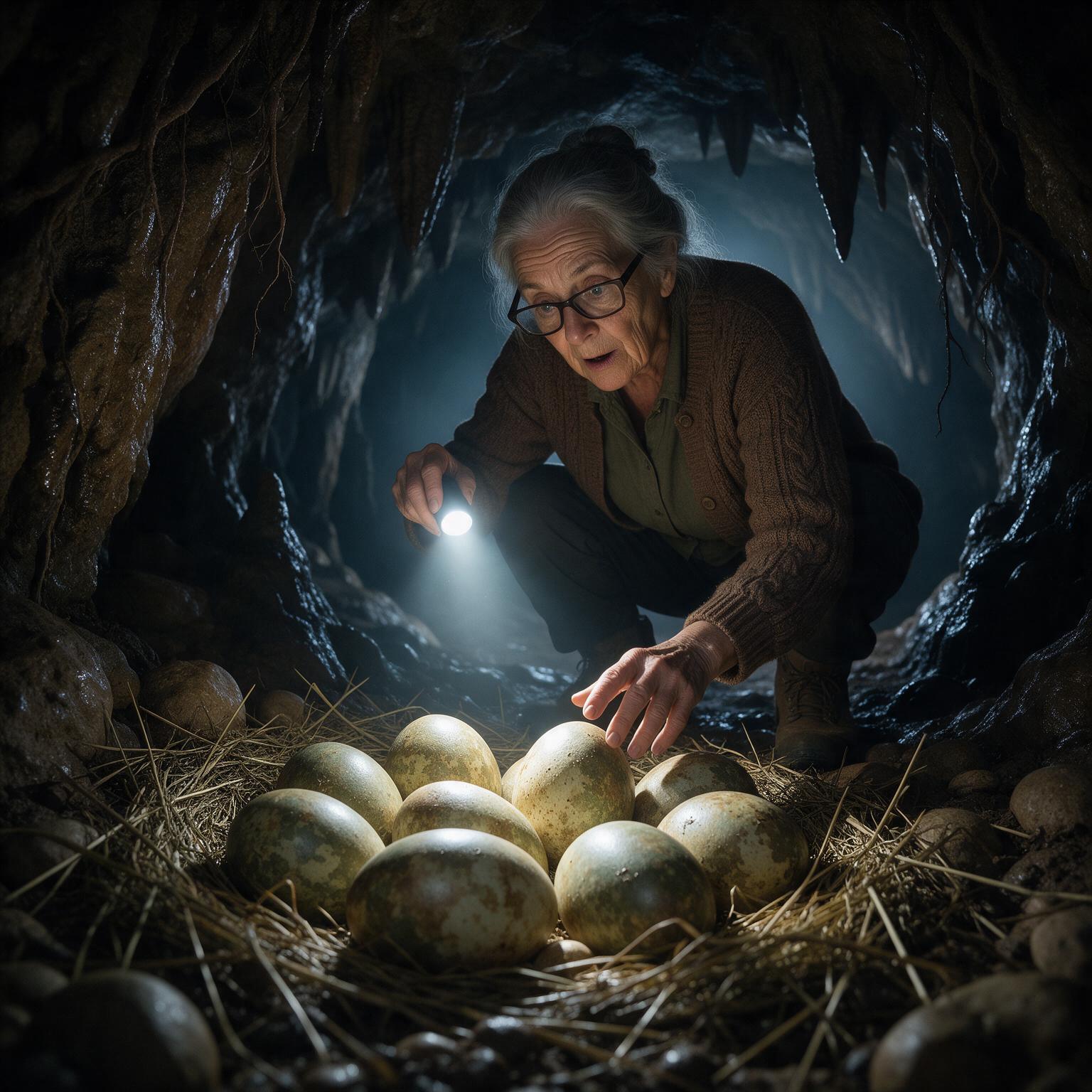 UNA ANCIANA ENCONTRÓ SIETE HUEVOS GIGANTES EN LA CUEVA DONDE DESAPARECIÓ SU HIJO… PERO AL LEVANTAR UNO, ESCUCHÓ UNA VOZ DETRÁS DE ELLA: «MAMÁ, DEVUÉLVELO»
