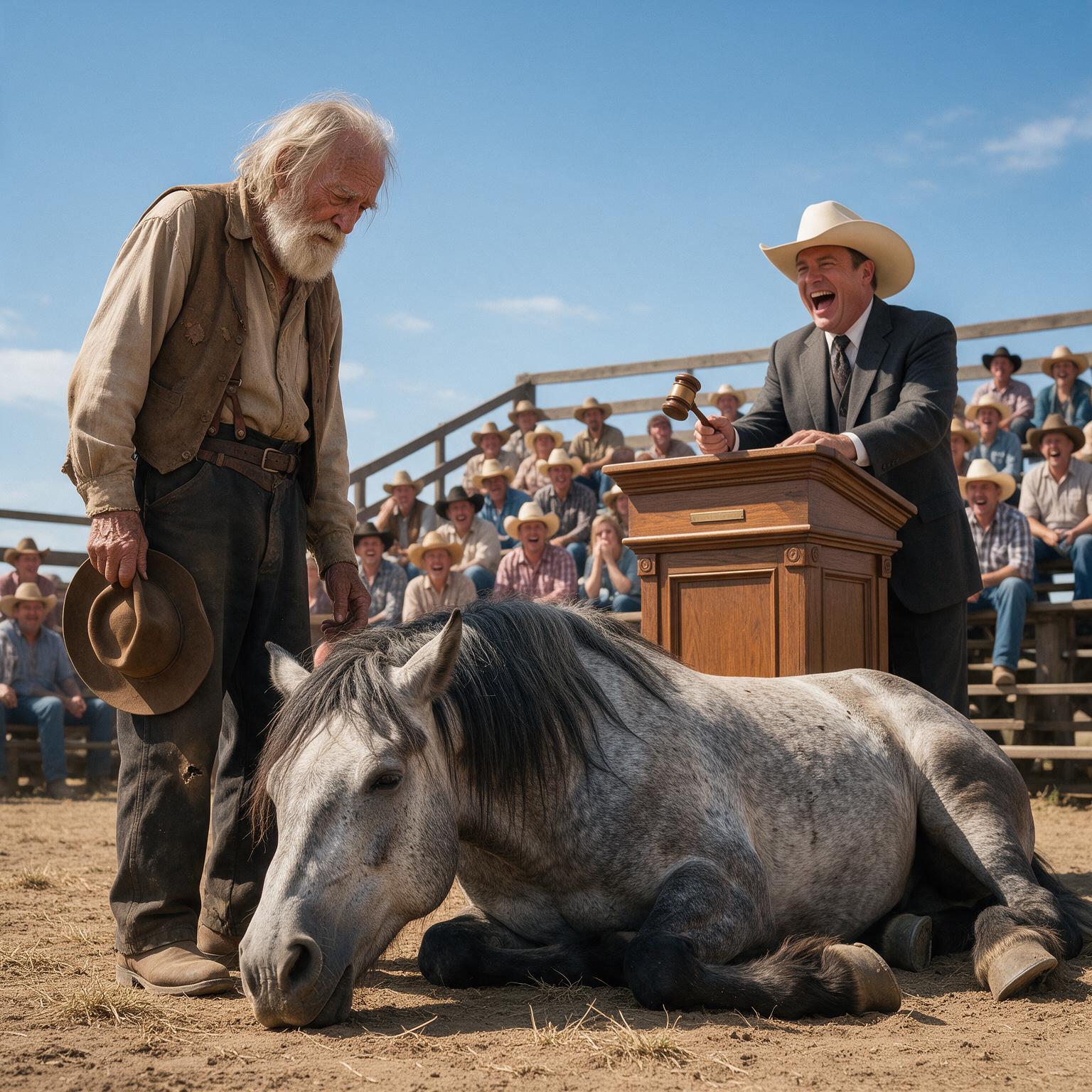 EL SUBASTADOR SE RIÓ DEL ANCIANO QUE QUERÍA COMPRAR UN CABALLO MORIBUNDO… PERO CUANDO MATEO SUSURRÓ «RELÁMPAGO», EL ANIMAL ABRIÓ LOS OJOS Y EL HOMBRE DEL SOMBRERO DEJÓ DE SONREÍR