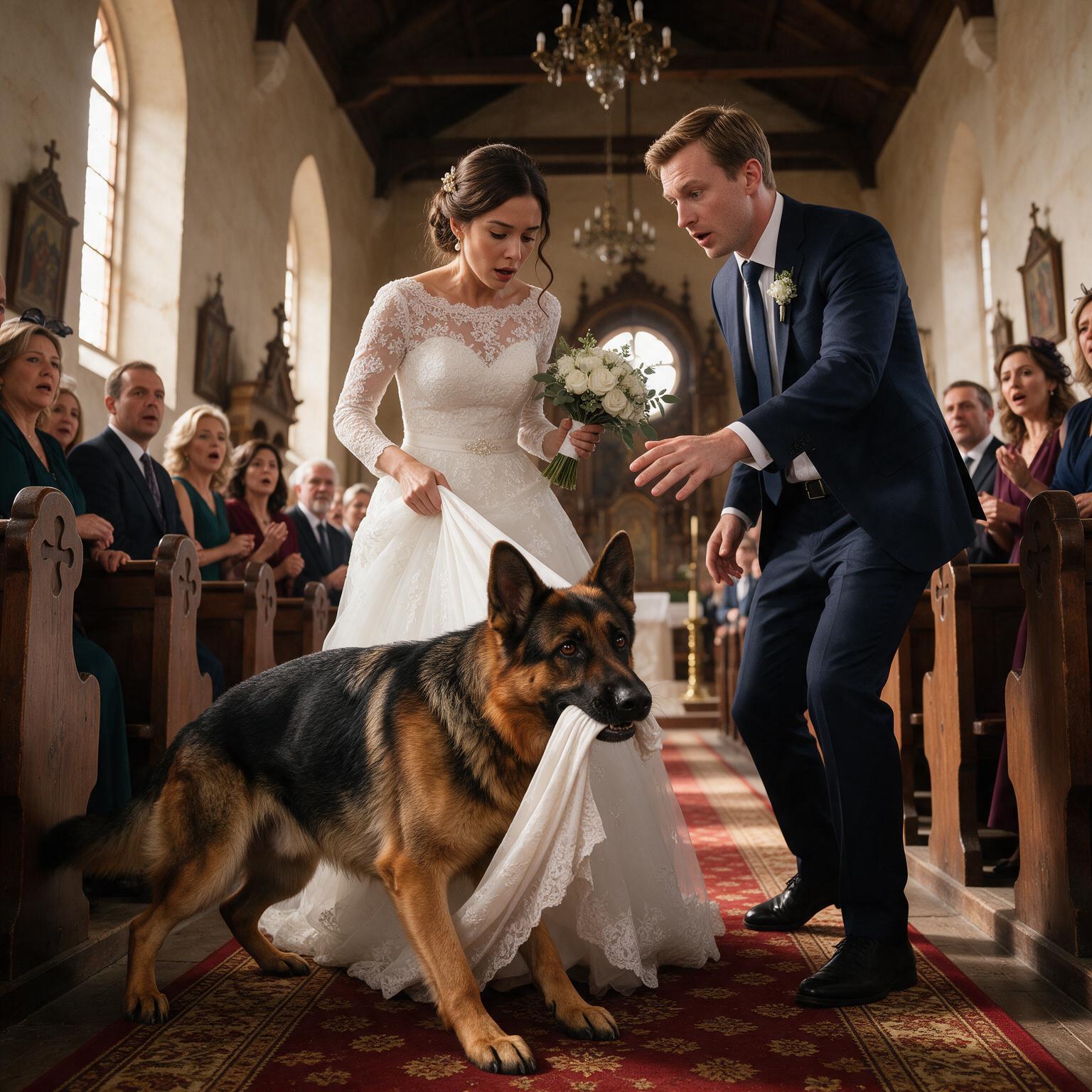 EL PERRO INTERRUMPIÓ LA BODA Y TIRÓ DEL VESTIDO DE LA NOVIA… PERO CUANDO LUCÍA TOCÓ EL FORRO, ENCONTRÓ ALGO QUE HIZO PALIDECER AL NOVIO