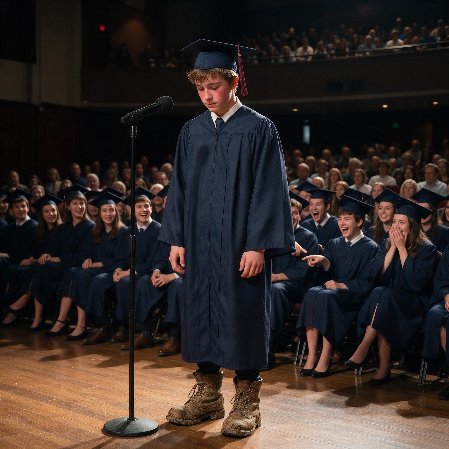 TODOS SE RIERON DE LAS BOTAS SUCIAS DE MATEO EN SU GRADUACIÓN… PERO CUANDO DIJO A QUIÉN PERTENECÍAN, EL AUDITORIO ENTERO QUEDÓ EN SILENCIO