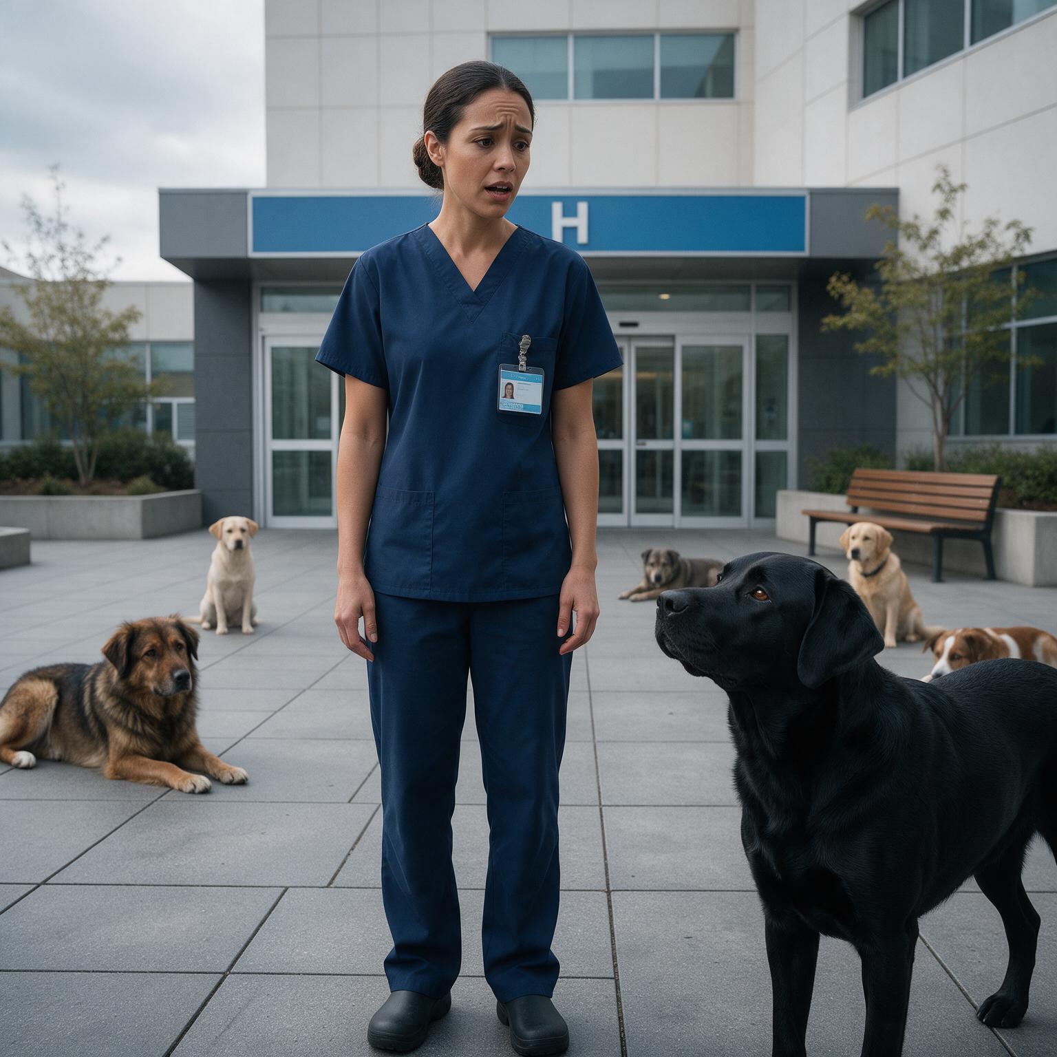 SIETE PERROS ESPERARON HORAS FRENTE AL HOSPITAL… PERO CUANDO SOFÍA VIO EL COLLAR DEL PERRO NEGRO, RECORDÓ AL PACIENTE QUE NADIE QUERÍA IDENTIFICAR