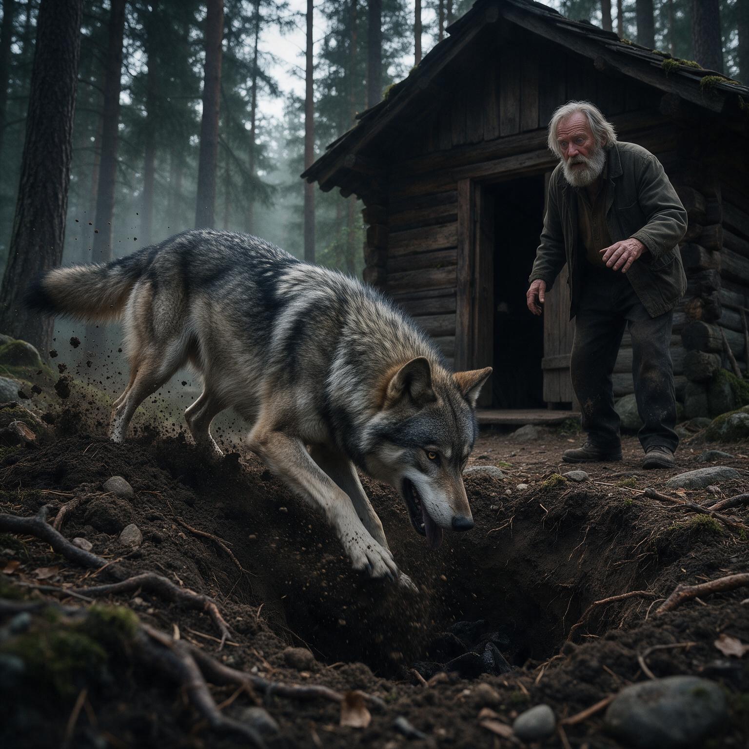 EL LOBO CAVÓ SIN PARAR JUNTO A LA VIEJA CABAÑA… PERO CUANDO MATEO OYÓ UN GOLPE METÁLICO BAJO TIERRA, PALIDECIÓ Y SUSURRÓ: «ESO LLEVA ENTERRADO CUARENTA AÑOS»