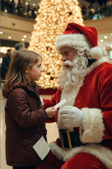A little girl hugged the mall Santa…