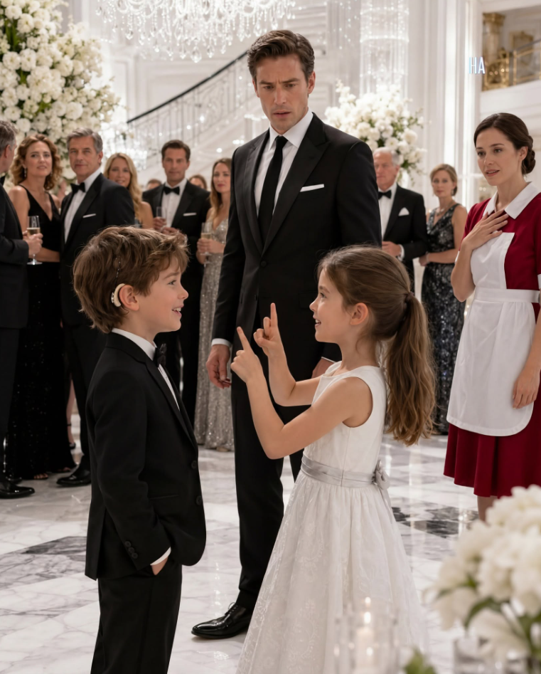 The sudden silence that engulfed the corner of the grand ballroom carried a crushing, volatile pressure far heavier than the quiet Matthew lived with every day. Lucy’s hands froze mid-air, the sign for Friend left hanging unfinished. The young girl took a step back, sensing a dark, panicked energy trembling beneath the flawless corporate facade of the wealthiest man on the East Coast.  Clara Harper, dressed in her red housekeeper's uniform and white apron, rushed into the frame, her face entirely drained of color. She desperately pulled Lucy behind her, dropping to her knees on the polished marble before Alexander. “Mr. Vale! I am so sorry! She is just a child, she didn't mean any harm! She just saw that Master Matthew was alone, so she wanted to—”  “I am not asking about her talking to my son!” Alexander’s voice dropped into a guttural, terrifyingly low register, completely contradicting the inspiring speech about "educational technology for children" he had delivered on stage five minutes prior. “Clara, I am asking you... why does your daughter possess the personal keepsake of Dr. Andrew Harper? The man who supposedly died in the laboratory explosion twelve years ago?”  Matthew closely tracked his father's lips. He saw the name Andrew Harper. The boy's eyes contracted sharply, and his high-end digital hearing aid suddenly emitted a sharp, high-pitched beep as his heart rate spiked. Matthew recognized that name. In the encrypted files he had secretly uncovered on his father’s home server while trying to find the truth behind his own hearing loss at age three, Dr. Andrew Harper appeared on the very first page of a project codenamed: Silent Horizon.  “Mr. Vale, please...” Clara wept breathlessly, her grip tightening around Lucy’s shoulders so hard the girl let out a soft murmur of pain.  Yet, Lucy didn't look afraid anymore. She stepped out from her mother’s protective hold, standing straight and tall against Alexander Vale. Her small hand reached into the pocket of her simple dress, pulling out a worn, sờn-edged book of poetry—the one belonging to her great-grandfather Samuel, a Korean War veteran. She opened it to the very last page, revealing handwritten notes in faded blue ink scrawled across a structural blueprint of an auditory neural implant chip.  Lucy didn't know ASL perfectly, but she knew how to speak the truth. She held the book up directly in front of Alexander, pointing a firm finger at the signatures at the bottom: Andrew Harper & Alexander Vale - Intellectual Property of the Sterling Foundation.  “My great-grandfather told me that courage isn't always the loudest shout, but walking across a room when everyone else looks away,” Lucy said, her voice steady and echoing through the grand hall as the quartet's music began to lower. “My father didn't die in an accidental explosion, Mr. Vale. My great-grandfather said my father was left behind... because he wanted to destroy the prototype chip that ruined Matthew’s hearing.”  The surrounding elite guests began to notice the unfolding confrontation. The paparazzi and media reporters quickly pivoted their camera lenses toward the powerful CEO. Alexander’s executive assistant rushed forward, attempting to shield her boss from view. “Ladies and gentlemen, there is no issue here. Simply a misunderstanding with the staff. Please, enjoy the catering.”  But Alexander Vale couldn't hear her. He stared blankly at the blueprint in Lucy’s book. It was the final, missing piece of data he had spent twelve years searching for to complete the proprietary algorithm for his company's upcoming multi-billion-dollar public offering. He had never imagined that the critical equation sat in the hands of his maid's daughter, brought to him by the very silence he had spent a decade abandoning.