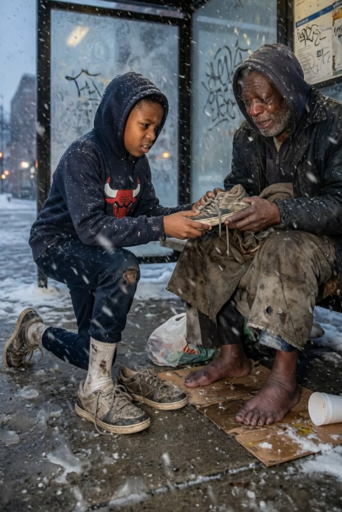 One pair of worn-out shoes. One freezing night. One stranger who had nothing left to lose.