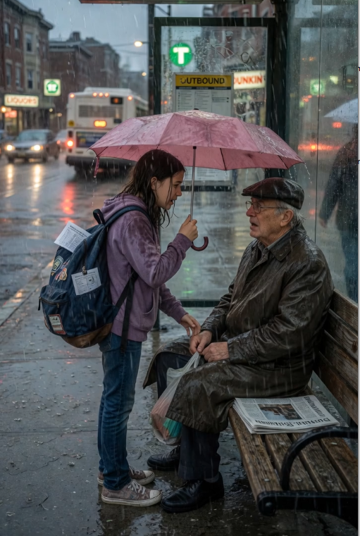 She shared a small umbrella with a lonely old man in the rain, never expecting to see him again.