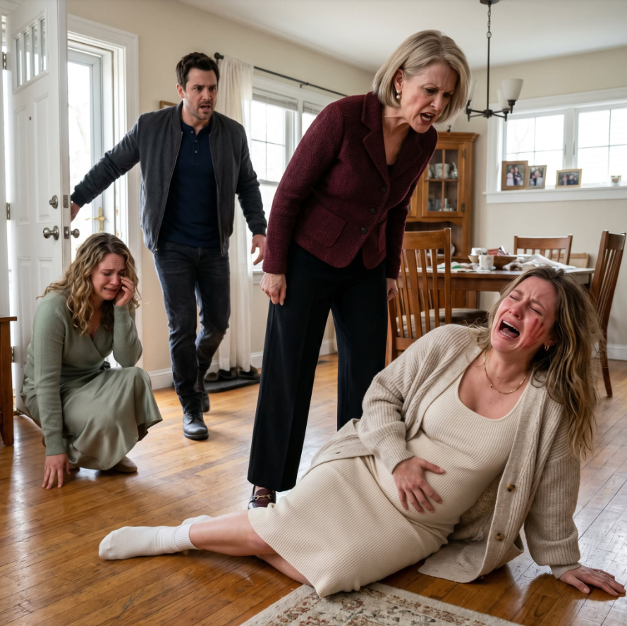 My mom invited me to family dinner, then demanded I hand over my unborn baby to my infertile sister. When I said no, she grabbed my hair and slapped me so hard her fingerprints stayed on my face. I fell, eight months pregnant, went into labor, and then my husband knocked.