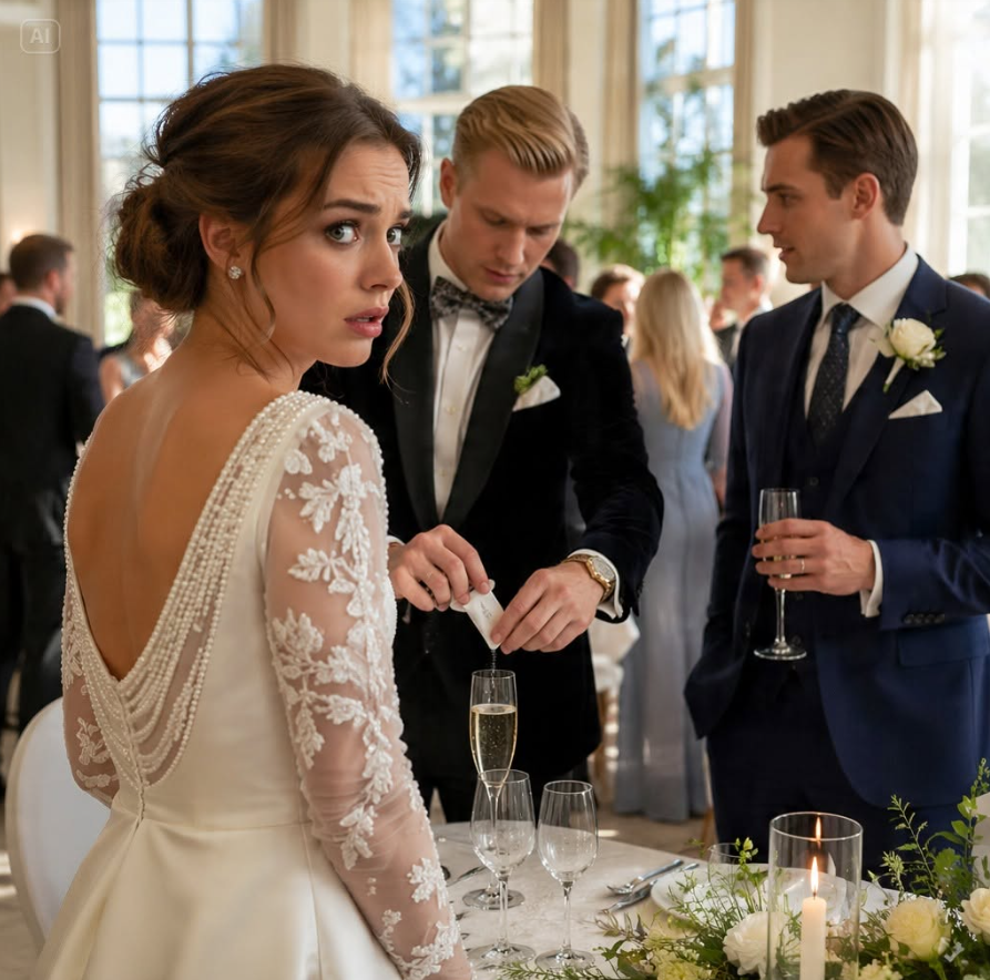 At my wedding, I caught my brother slipping something into my glass. I didn’t scream or panic. I quietly switched our drinks. Then he lifted his toast, smirked, and said, “Congrats, little sister. My surprise is coming soon.” I smiled as he drank it. Thirty minutes later, everyone saw the truth.