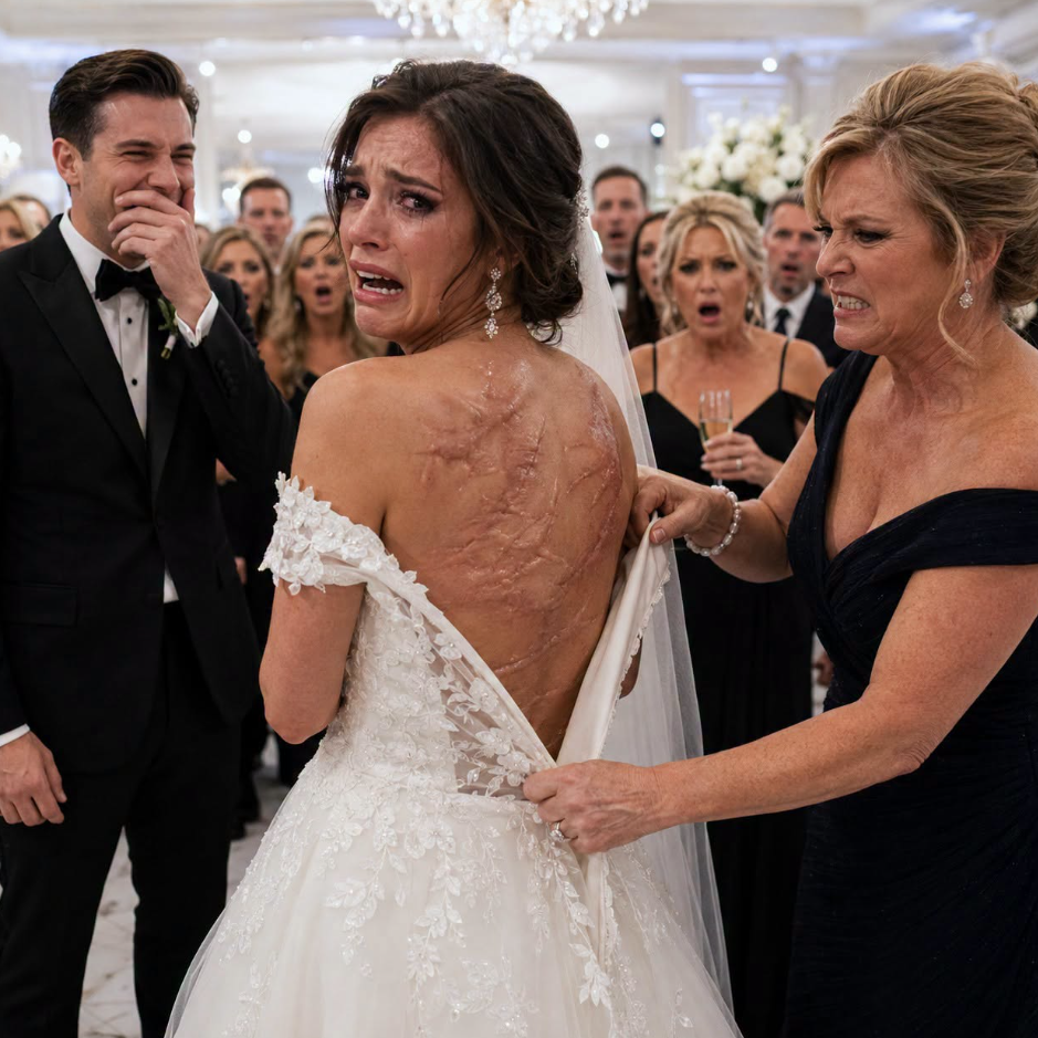 7 My fiancé’s mother tore my wedding dress open in front of three hundred guests, exposing the old scars across my back. He laughed and said, “Now everyone can see why I never wanted to touch you.” They expected me to run from the ballroom in shame. Instead, I picked up the microphone, looked toward the federal agents entering through the doors, and whispered, “Since we’re revealing secrets tonight, let’s start with yours.” The first sound after my wedding dress ripped was not a gasp. It was my fiancé’s laughter.