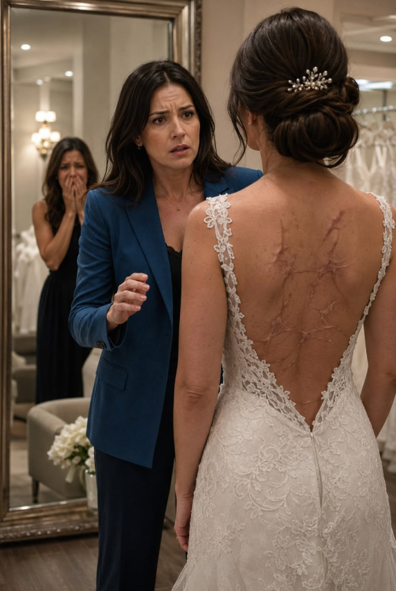 At the bridal boutique, my younger sister stepped out in her wedding dress. But when the seamstress gently lowered the zipper, my breath caught.  Fresh dark marks covered her back.