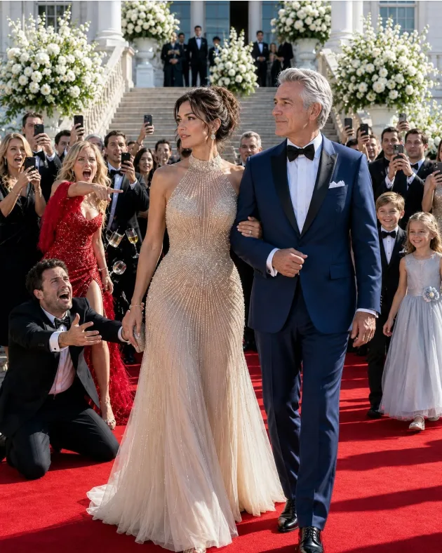 MY HUSBAND LOOKED AT MY CHEAP BLUE DRESS AND WHISPERED, “DON’T TELL ANYONE YOU’RE MY WIFE. JUST SAY YOU WORK HERE.” THEN HIS BILLIONAIRE BOSS SAW MY OLD NECKLACE, WENT PALE, ORDERED HIM TO LET GO OF ME, AND DROPPED TO HIS KNEES IN THE BALLROOM
