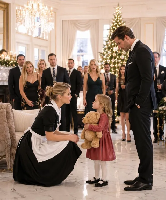 THE MAID’S TODDLER WHISPERED SHE WAS WAITING FOR HER MOM ON CHRISTMAS, AND THE TEDDY BEAR IN HER ARMS MADE A BILLIONAIRE STOP THE ENTIRE PARTY