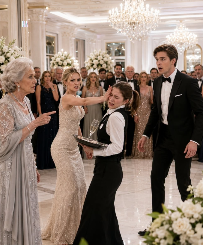 THE MILLIONAIRE WALKED IN JUST AS HIS FIANCÉE STRUCK A YOUNG SERVER—THEN HIS GRANDMOTHER REVEALED THE SECRET THAT SILENCED THE ENTIRE BALLROOM