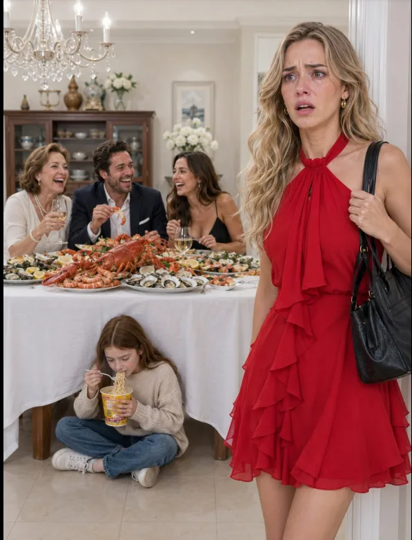 I CAME HOME FROM WORK AND DISCOVERED MY HUSBAND’S FAMILY FEASTING ON ABSURDLY EXPENSIVE SEAFOOD WHILE MY DAUGHTER SAT ALONE EATING INSTANT NOODLES. “GRANDMA SAID YOU AND I ARE ONLY ALLOWED TO HAVE THIS,” SHE WHISPERED. I LOOKED AT THE RECEIPT, SAID NOTHING, AND IMMEDIATELY FROZE EVERY CARD. AN HOUR LATER, MY HUSBAND CALLED ME IN A PANIC ABOUT SOMETHING MUCH WORSE THAN DINNER…