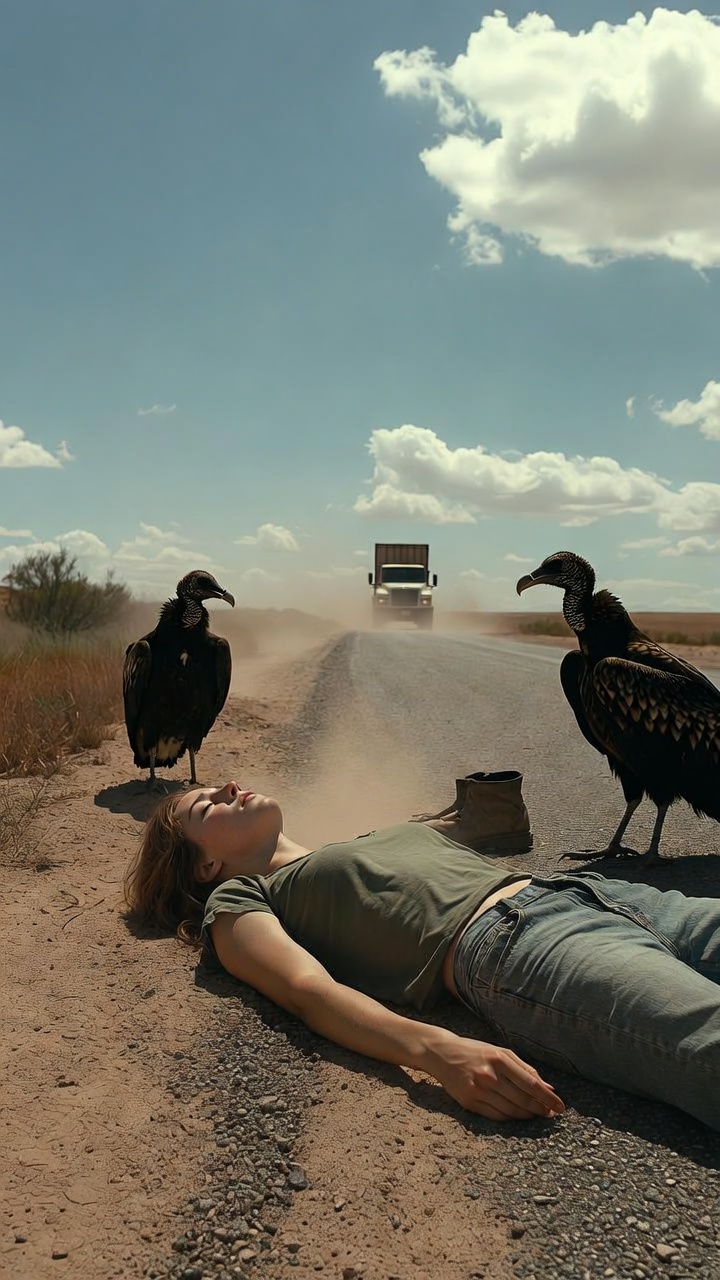 A Lonely Trucker Stopped for Vultures Circling a “Body” on the Road—Then the Girl Opened Her Eyes and Whispered Something Terrifying