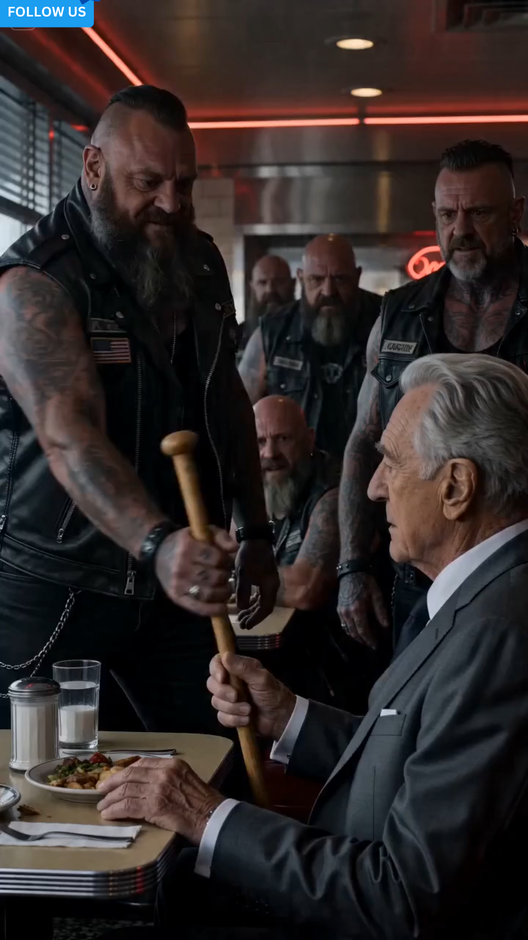 THE BIKER STOLE AN OLD MAN’S CANE… THEN BLACK SUVS SURROUNDED THE DINER.