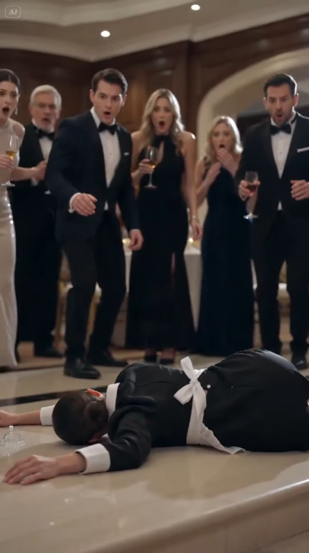 The grand ballroom falls into a stunned silence as security floods the staircase area. The young man in the blue tuxedo—now identified as the host’s son—orders everyone to remain in place.