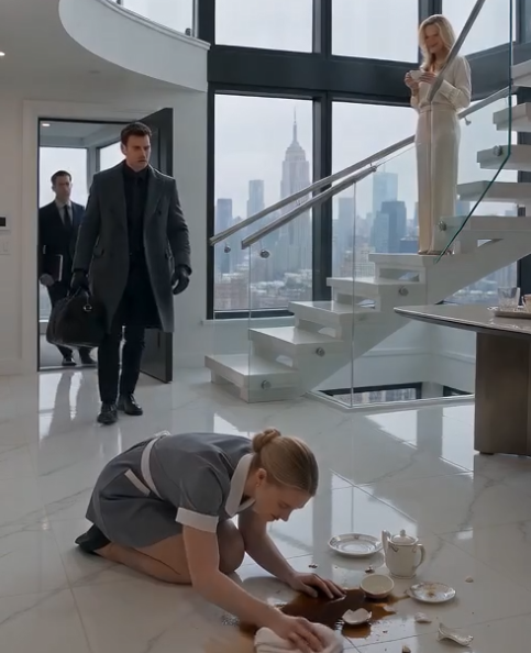 Adrian Vale entered his father’s penthouse while Mara Ellis was on her knees wiping blood and tea from the marble floor.