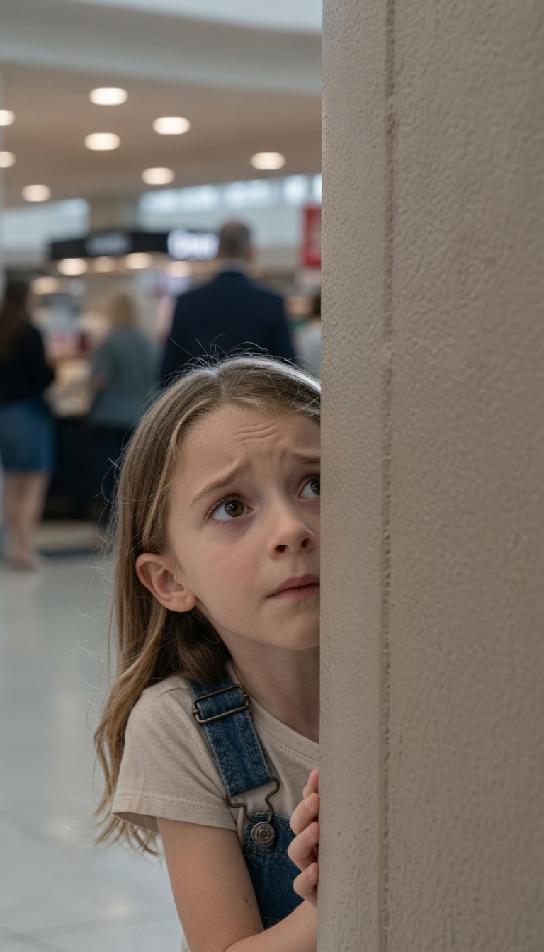 At the mall, my 11-year-old clutched my hand and said, “Mom — quickly, behind that pillar!” She murmured, “Don’t move.” I stole a glance