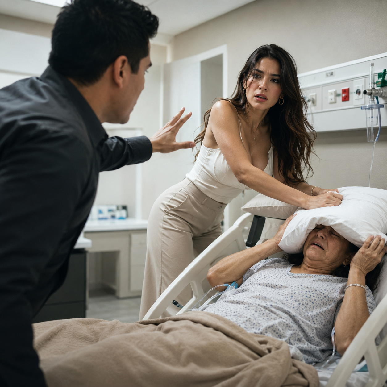 Upon returning to the hospital with coffee for his mother, he found his wife clutching a pillow in her hands; she swore "I only wanted to help her," but a blue notebook revealed months of terror.