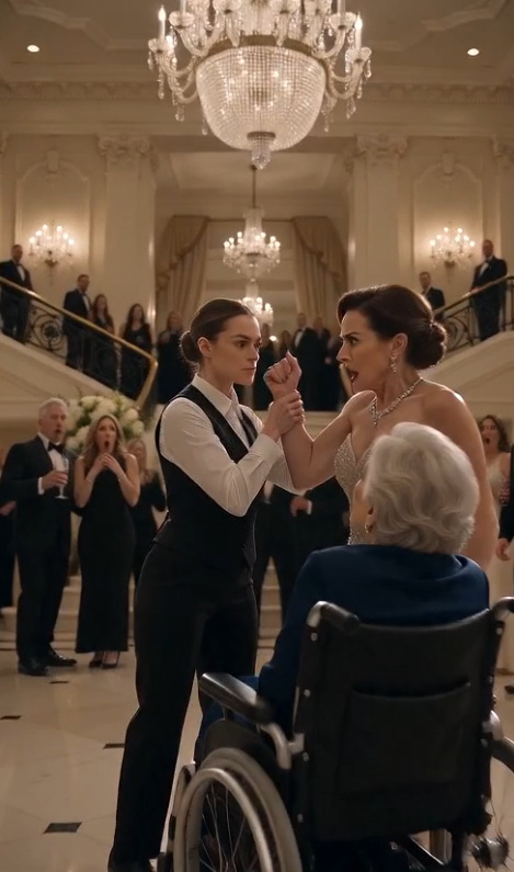 The slap never landed. A waitress caught the woman's wrist before it could. "I don't care who you are." "You don't hit someone who can't defend herself." The ballroom fell silent.