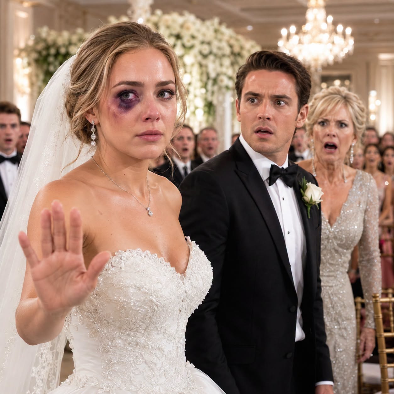 On my wedding day, I showed up with a black eye. My fiancé stood beside me... and when he saw my mother, he smiled. Then he said, 'It's so she learns.' Everyone in the room laughed. And then I did something that shocked them all...