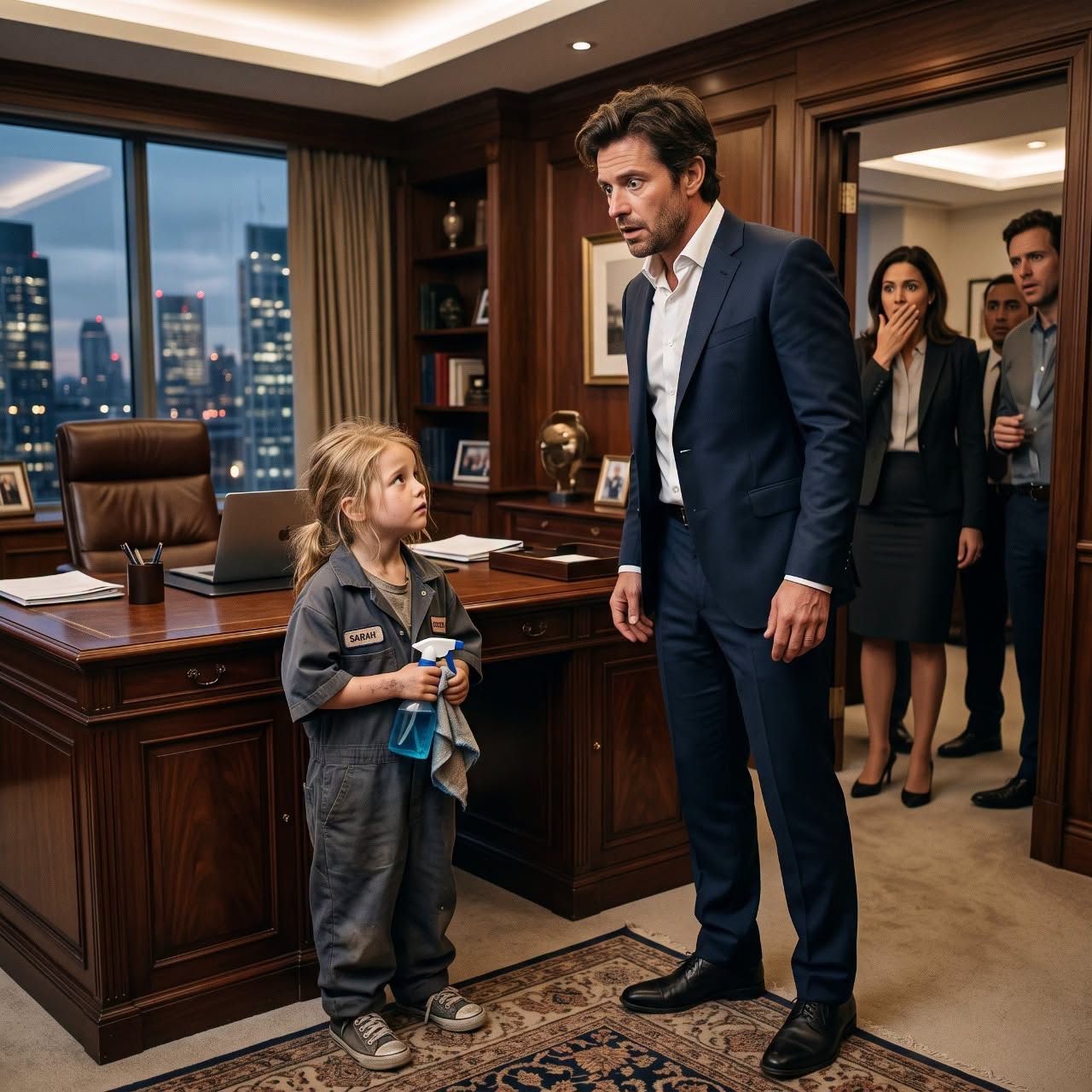 A 6-year-old girl walked into a billionaire CEO’s office carrying her sick mother’s cleaning supplies—but the moment she whispered why she had come alone, he stopped the entire meeting.