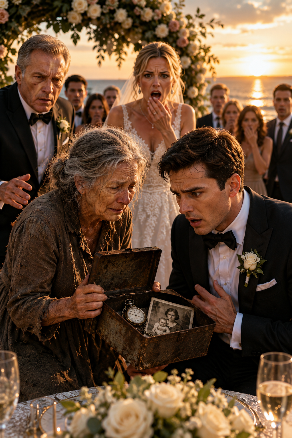 They Tried to Throw the Poor Old Woman Out… Until the Groom Saw What Was Inside Her Rusty Box