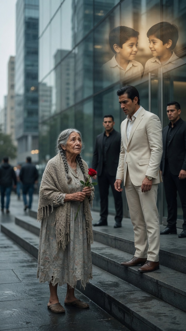 Historia completa :  La Mujer Vieja Solo Traía una Rosa… Pero Su Historia Hizo Llorar al Empresario