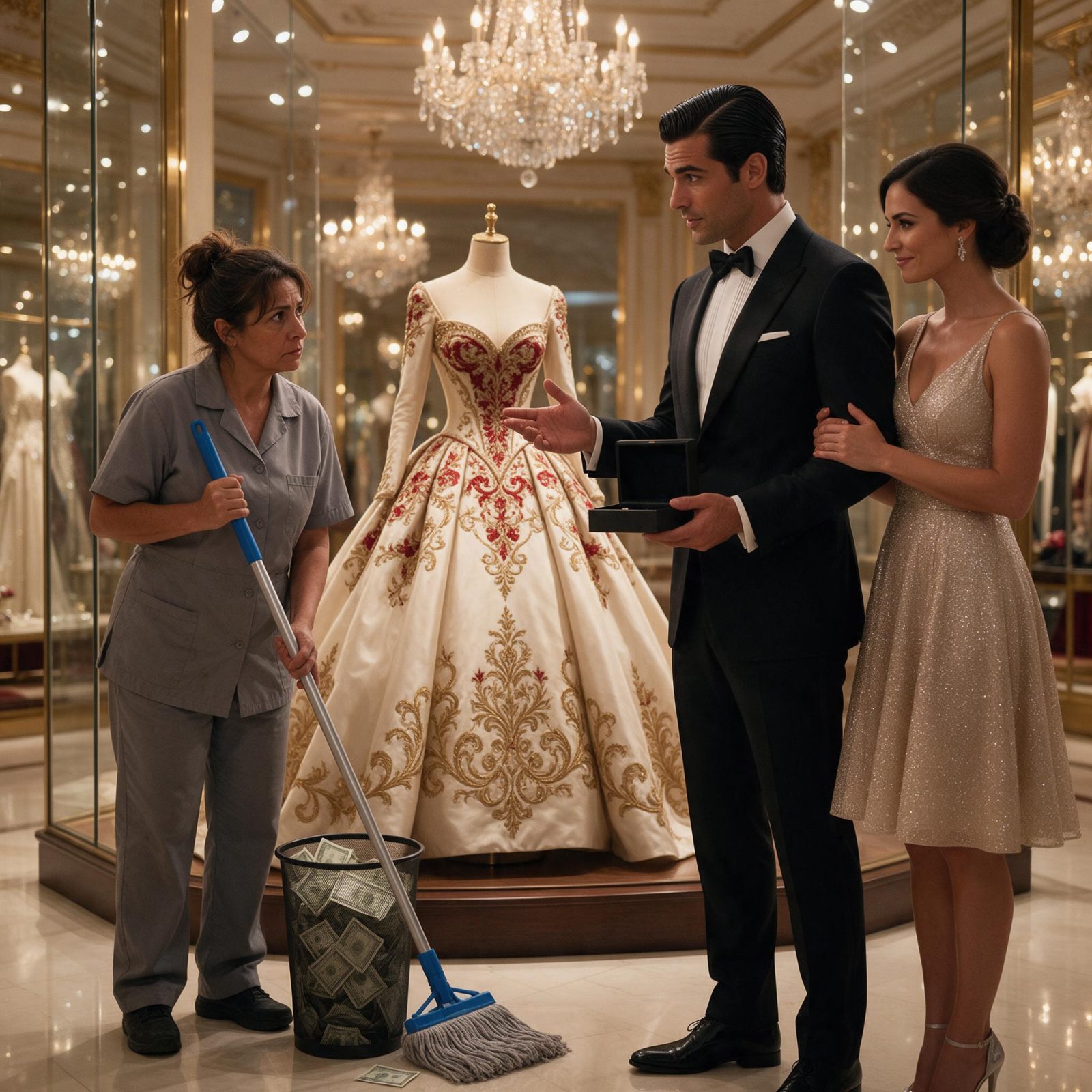 Historia completa :  EL HOMBRE DEL ESMOQUIN SEÑALÓ EL VESTIDO MÁS EXTRAÑO DE LA BOUTIQUE… PERO CUANDO LA LIMPIADORA LO MIRÓ, EL MILLONARIO DEJÓ DE SONREÍR