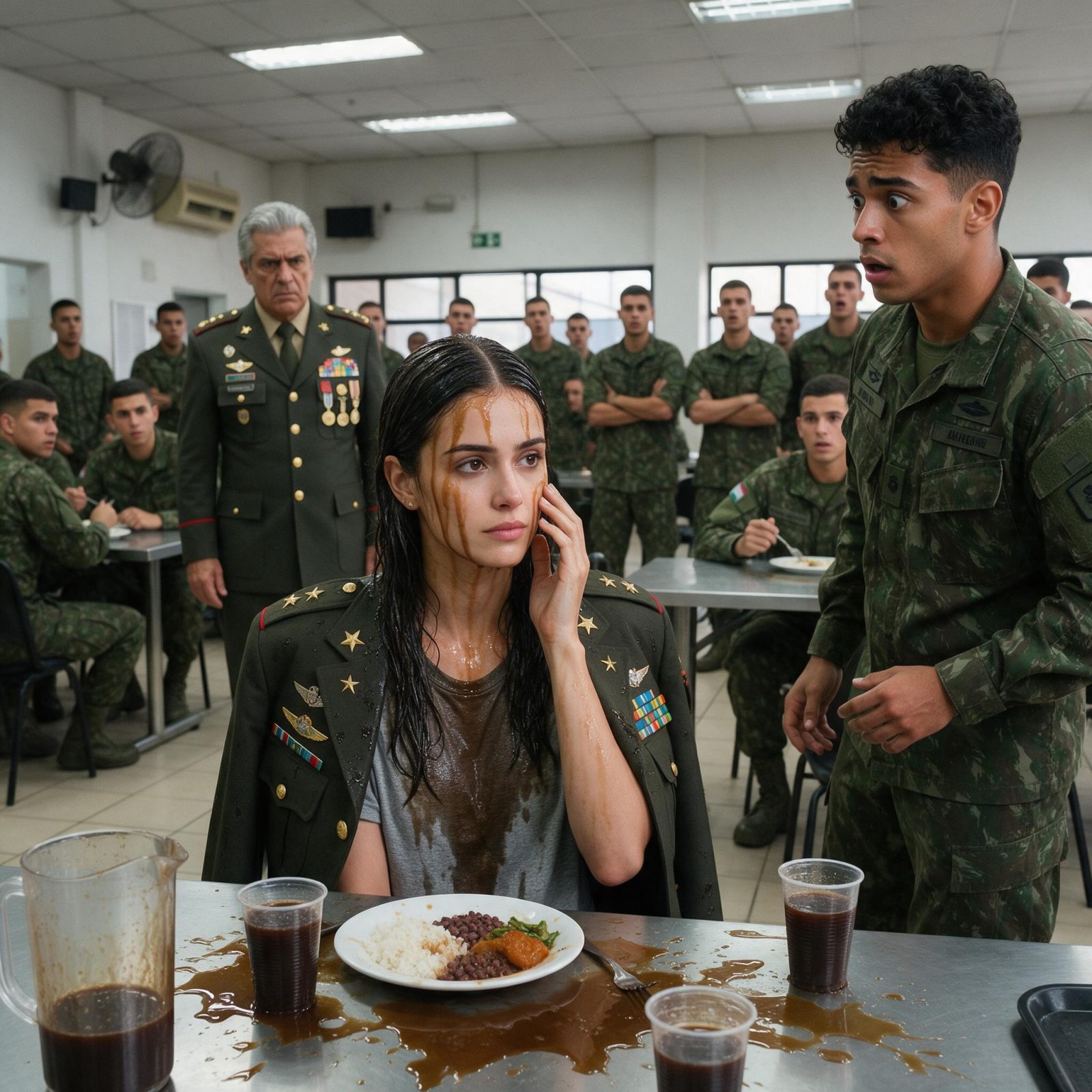Historia completa :  BRUNO LE VACIÓ UNA JARRA ENTERA SOBRE LA CABEZA A UNA MUJER EN EL COMEDOR MILITAR Y TODOS RIERON… HASTA QUE ELLA SE PUSO LA CHAQUETA VERDE Y EL OFICIAL QUE ENTRÓ GRITÓ: “¡QUE NADIE SALGA DE ESTA SALA!”