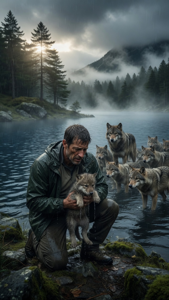 T10-Un Hombre Salvó A Un Cachorro De Lobo De Morir Ahogado En Un Lago… Pero Segundos Después Una Manada Entera Lo Rodeó Y Reveló Por Qué Habían Venido