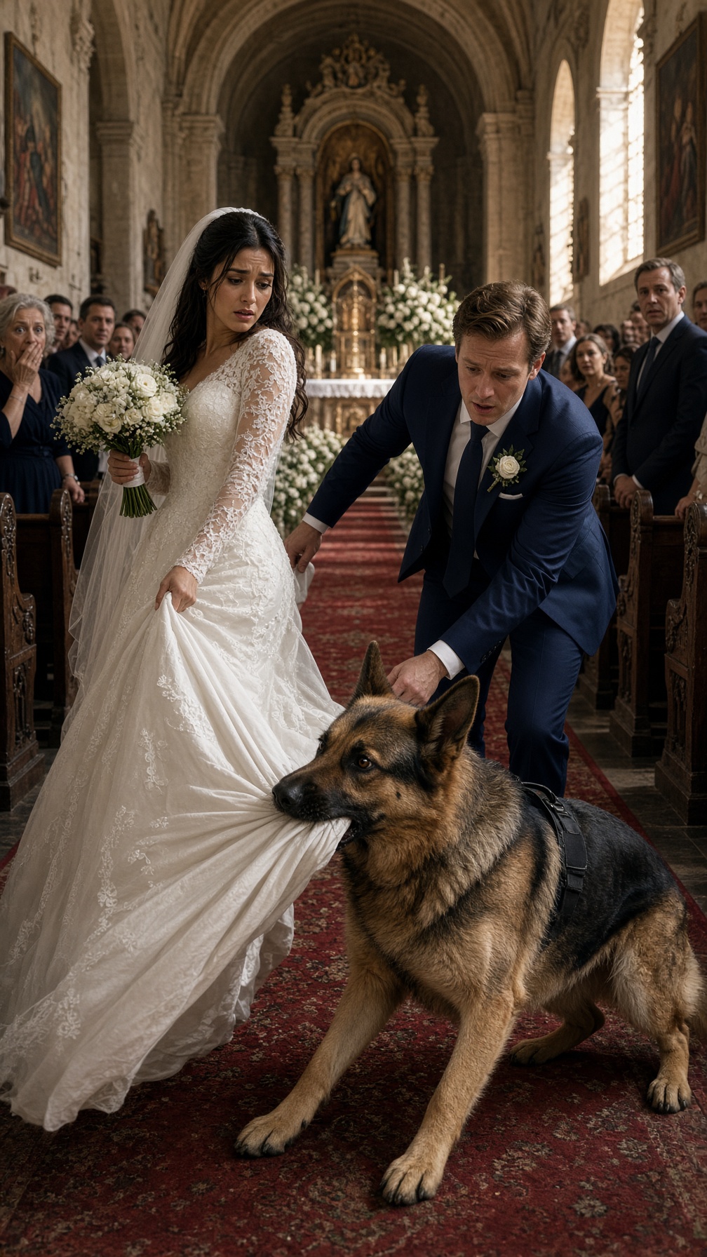 LE CHIEN A EMPÊCHÉ LA MARIÉE D’APPROCHER DE L’AUTEL… PUIS ELLE A VU CE QUE SON FIANCÉ CACHAIT SOUS SA MANCHE
