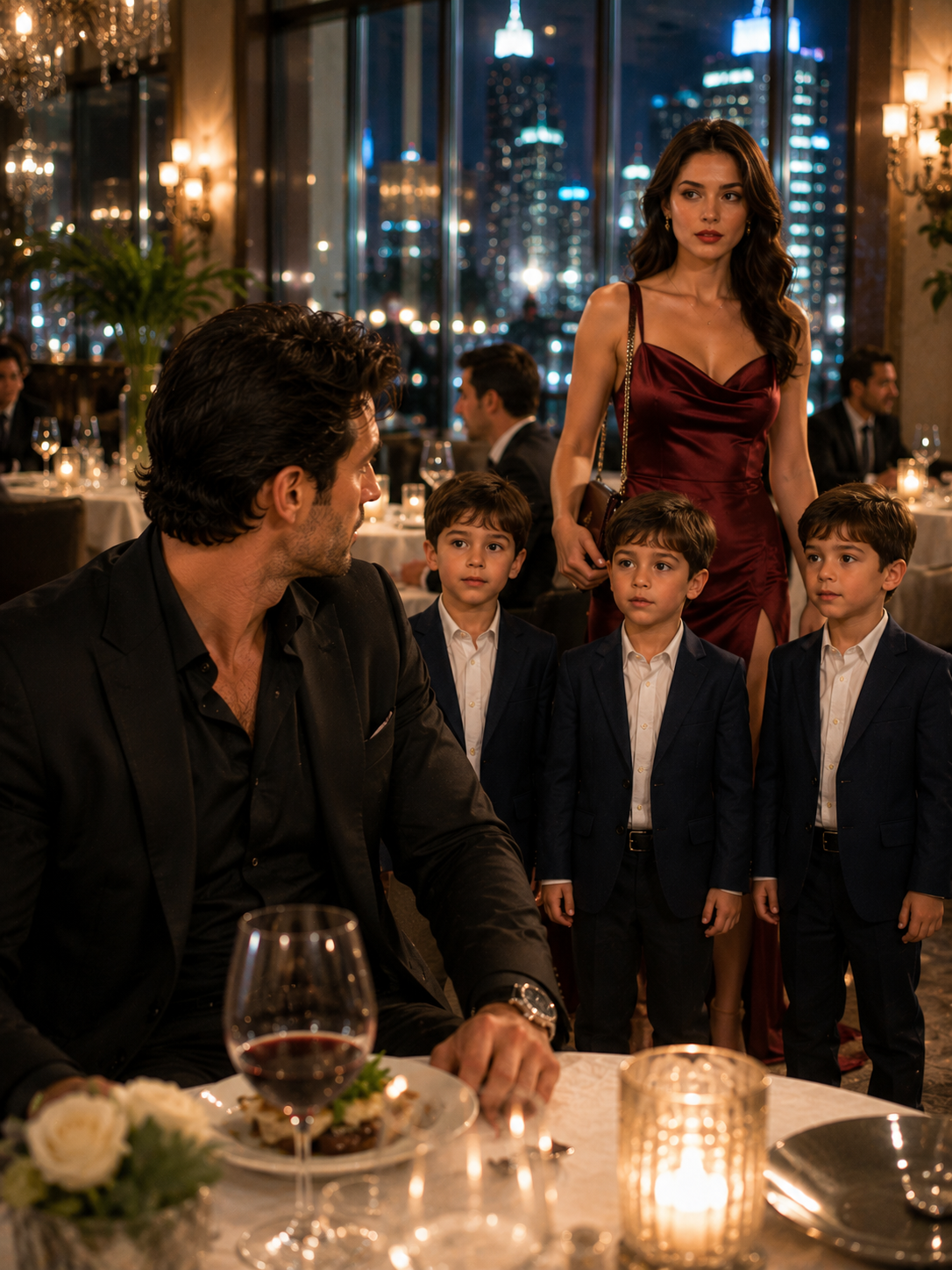 405 ## Chapter 1: The Table for Five  Sofia sensed him before she saw him.  The restaurant had its own weather, a controlled atmosphere of muted voices and measured movement, but something shifted behind her—the way conversation bent around power before the man carrying it entered view.  Leo noticed first.  He was holding his fork in one hand and studying the reflection in the polished back of a spoon when his gray eyes lifted past Sofia’s shoulder.  The boy went still.  Milo followed his gaze.  Dante turned last, still chewing, and stared openly.  Sofia knew that look.  She had seen it on all three of them when they encountered something they could not yet place but somehow recognized.  Her hand stopped above Milo’s plate.  A voice behind her said, “Sofia.”  Three years disappeared.  Not gradually.  Not with warning.  One second she was seated in a tower restaurant with her sons, marking the end of a difficult audit with chocolate cake and overpriced pasta.  The next she was standing in a cold apartment lobby while a man with a gun told her to erase him from her life.  She turned.  Adrian stood beside the table.  He looked almost exactly as memory had preserved him and nothing like the man she had loved.  The same dark hair.  The same severe mouth.  The same gray eyes now fixed not on her, but on the three boys seated around her.  A man stood several feet behind him. Broad-shouldered, watchful, one hand near his jacket.  Sofia looked back at Adrian.  “Leave.”  It was the first word she had spoken to him in three years.  He did not move.  Leo set his spoon down carefully.  “Mom?”  Adrian’s face changed at the word.  So slightly that another person might have missed it.  Sofia did not.  He had always believed stillness hid him.  It did not.  Not from her.  “Boys,” she said without looking away from Adrian, “put your coats on.”  Dante frowned.  “We just got cake.”  “Now.”  That tone worked.  Chairs shifted.  Milo reached for the napkin in his lap.  Leo continued watching Adrian.  Adrian looked at each of them in turn.  “Which one is oldest?”  Sofia’s pulse slammed against her throat.  “You don’t get to ask questions.”  His gaze moved to her.  “They’re mine.”  The words were quiet.  That made them worse.  Sofia rose.  Around them, no one appeared to be staring, which meant everyone was.  “They are not property.”  “I didn’t say they were.”  “You thought it.”  Something flashed behind his eyes.  Pain, perhaps.  Or anger.  She no longer trusted herself to identify the difference.  Dante climbed down from his chair and moved close to Sofia’s leg. Milo copied him. Leo remained standing beside his seat.  Adrian looked at the boys’ faces as though trying to recover three years by force of observation.  “How old are they?”  Sofia reached for the boys’ coats.  “Enzo,” Adrian said.  The man behind him stepped closer.  Sofia’s body went cold.  Adrian saw it.  “Stop.”  Enzo halted.  Adrian looked at her.  “He won’t touch you.”  “You said that with six armed men behind you once.”  The sentence cut through him.  His jaw tightened.  “I sent you away because men were coming to kill me.”  “You sent me away because you decided fear gave you the right to erase me.”  “I kept you alive.”  “You broke into my life under a false name.”  “I know.”  “You lied every day.”  “Yes.”  “And now you walk up to my table and call my children yours.”  “Our children.”  Sofia’s grip tightened around Dante’s coat.  “No.”  The smallest word she had.  The strongest.  Adrian glanced at Leo.  The boy had not moved.  “How old are you?” Adrian asked him.  Leo looked at Sofia first.  She shook her head.  He obeyed.  Adrian absorbed that.  “You taught them not to speak to strangers.”  “I taught them not to speak to dangerous men.”  Dante tugged Sofia’s dress.  “Is he dangerous?”  The table around them went silent.  Sofia looked down.  Children asked direct questions because they had not yet learned adults preferred lies delivered gently.  “Yes,” she said.  Adrian’s face became unreadable.  Dante considered him.  “Is he bad?”  Sofia opened her mouth.  Adrian answered first.  “Sometimes.”  She looked at him sharply.  Milo pressed closer to her leg.  Leo asked, “Do you know our mom?”  Adrian’s breathing changed.  Sofia felt it rather than saw it.  “Yes.”  “How?”  Adrian looked at her.  “She once knew me.”  Sofia hated the past tense.  She hated that some part of her still understood why he had chosen it.  “Coats,” she said.  Leo put his on.  Milo struggled with one sleeve.  Adrian moved instinctively.  Sofia stepped between them.  His hand stopped in the air.  For a moment, neither adult moved.  Then Adrian lowered it.  That more than anything frightened her.  The man she remembered did not lower his hand for anyone.  A waiter appeared at the edge of the table, pale and uncertain.  “Mr. Contini, is everything—”  “Bring the bill,” Sofia said.  “It’s handled,” Adrian answered.  She faced him.  “You do not pay for us.”  “It is my restaurant.”  Of course it was.  Sofia laughed once, without humor.  “Then congratulations. You’ve managed to turn dinner into another controlled environment.”  Adrian ignored the insult.  “Where do you live?”  Her face hardened.  “Ask me that again and I call the police.”  “They won’t remove me from my own building.”  “No. But they might enjoy the headline.”  Enzo’s expression shifted.  Adrian’s eyes cooled.  Not at her.  At the implication.  Sofia saw the calculation begin: reporters, cameras, legal discovery, public attention on the boys.  “You wouldn’t,” he said.  “You don’t know me anymore.”  “That is becoming clear.”  “Good.”  She took Milo’s hand.  Adrian stepped aside.  For one hopeful second, Sofia believed he might let them leave.  Then Leo stopped beside him.  The boy tilted his head.  “Why do your eyes look like ours?”  Sofia closed her eyes.  Adrian looked down at his son.  No empire, no armed guard, no discipline of decades protected him from the question.  His answer came rougher than any voice Sofia remembered.  “Because I’m your father.”  Milo gasped.  Dante’s mouth opened.  Leo did not move.  Sofia turned.  “You had no right.”  “They had a right to the truth.”  “Not from a stranger in a restaurant.”  Adrian looked at her.  “You made me a stranger.”  The cruelty of it was accidental.  That made it land deeper.  Sofia’s face went still.  “No,” she said. “You did.”  Adrian heard it.  The restaurant heard it.  Perhaps even the city below heard the crack in the room.  Milo began to cry.  Not loudly.  The confused, embarrassed crying of a child who did not understand why adults had suddenly become dangerous.  Sofia crouched at once.  “It’s okay.”  “Is he really our dad?”  She looked at him.  Children deserved truth.  But truth delivered without safety became another form of harm.  “Yes.”  Milo looked at Adrian.  “Where were you?”  Adrian’s face lost all color.  Sofia stood.  “That is enough.”  She gathered the boys toward the exit.  This time Adrian did not stop them.  He remained beside the table, surrounded by crystal and candlelight, watching three sons walk away in coats he had never bought, beside a woman who had built an entire life without him.  Enzo waited until the elevator doors closed.  Then he moved closer.  “Boss.”  Adrian stared at the empty place where Leo had been standing.  “Find her address.”  Enzo hesitated.  Adrian turned.  “Not to approach. Not to enter. I want security on the block before they get home.”  “They won’t accept it.”  “They don’t have to know.”  Enzo studied him.  Adrian’s voice lowered.  “And find out who else knows.”  “About the boys?”  “Yes.”  “Your family?”  “No one.”  Enzo looked toward the elevators.  “That may change quickly.”  Adrian picked up the spoon Leo had been holding.  The child’s fingerprints remained faintly visible in the polished metal.  “Then we change faster.”  Across the city, Sofia drove through the snow with three children silent in the back seat.  That silence frightened her more than questions.  She had always imagined this moment.  Not often.  Not willingly.  But every mother who carries a secret builds emergency versions of the truth.  She had planned to tell them when they were older.  When Adrian’s world could no longer reach them.  When she understood whether he was alive, dead, imprisoned, or still ruling a city through fear.  She had never planned to tell them beneath chandeliers while their father stood close enough to touch.  At a red light, Leo spoke.  “You lied.”  Sofia gripped the steering wheel.  “Yes.”  “About Dad being gone?”  “Yes.”  “You said he couldn’t be with us.”  “That was true.”  “He was in the restaurant.”  She looked at him in the mirror.  “Being in the same room is not the same as being able to be with us.”  Dante pressed both hands to the window.  “Is he a criminal?”  Sofia’s heart tightened.  “Why would you ask that?”  “He had a gun man.”  Milo wiped his face.  “He looked sad.”  Sofia swallowed.  “Yes.”  “To which part?” Leo asked.  All three had inherited too much of her.  “Your father has done illegal things.”  “Bad things?” Dante asked.  “Yes.”  “Did he hurt you?”  The car behind them honked.  The light had changed.  Sofia drove.  “He lied to me,” she said. “Then he sent me away.”  “Did he know about us?” Milo asked.  “No.”  That answer mattered.  She heard all three boys process it differently.  Leo looked out the window.  Dante frowned.  Milo stopped crying.  “So he didn’t leave us,” Milo said.  Sofia’s eyes burned.  “No.”  “Then why are you mad at him?”  Because he had made love feel like a trap.  Because he had decided alone that losing him was safer than knowing him.  Because she had spent three years building strength around a wound and discovered in one restaurant that the wound still had a pulse.  “Because what he did before you were born hurt me.”  Milo nodded slowly.  “Can people stop being bad?”  Sofia thought of Adrian saying *sometimes*.  “I don’t know.”  Leo spoke without turning from the window.  “He knew right away.”  “What?”  “That we were his.”  Sofia said nothing.  Leo looked at her in the mirror.  “Did you?”  “Did I what?”  “Know we’d look like him?”  She nearly laughed.  “You looked like angry potatoes when you were born.”  Dante objected.  “I did not.”  “You did.”  “Did he look like a potato?”  “No.”  “Then we didn’t look like him.”  Milo smiled faintly.  The tension loosened.  Only slightly.  When they reached the townhouse, Sofia noticed a dark vehicle parked two houses down.  No plates visible from her angle.  Engine off.  A man inside pretending to read a newspaper in the dark.  Adrian.  She felt anger rise clean and bright.  She got the boys inside, locked the door, checked every window, then called the number she had memorized three years earlier and never once used.  He answered before the first full ring.  “Sofia.”  “You put a car outside my house.”  A pause.  “Yes.”  “Remove it.”  “No.”  “You have sixty seconds.”  “There are people who would use those boys against me if they learn they exist.”  “They existed safely until you crossed a restaurant.”  “You brought them into a building where half the city’s financial and political class could recognize me.”  “I did not know you owned every room above street level.”  “You should have been watched long before tonight.”  Her blood went cold.  “What does that mean?”  “It means I failed to know you were in danger.”  “We were not in danger.”  “You were the moment I saw them.”  “From whom?”  Another pause.  This one different.  Adrian was deciding how much truth to give.  Sofia hated that she still knew his silences.  “My uncle,” he said.  “Matteo?”  She remembered the name from newspaper photographs after Adrian’s real identity became impossible to avoid.  Matteo Contini.  His father’s younger brother.  A man whose public businesses were clean enough to survive audits and whose private reputation was not.  “I thought he was in Europe.”  “He returned two weeks ago.”  “And?”  “He believes my succession is unsettled.”  Sofia looked toward the living room.  The boys sat close together on the sofa.  “What does that have to do with us?”  “In my family, sons are leverage.”  The words landed like ice water.  “Then remove your security and disappear.”  “I can do one of those things.”  “Adrian.”  “They are my sons.”  “They are children.”  “I know.”  “No, you know bloodline. Legacy. Threat assessment. You do not know Milo refuses crusts but eats toast if I call it a square. You do not know Leo checks the front door twice because he heard a burglary story at school. You do not know Dante sleeps with three dinosaurs and says the smallest one is in charge.”  Adrian said nothing.  Sofia’s voice shook.  “You know they look like you. That is not the same as knowing them.”  “No.”  The answer stopped her.  He continued.  “But I want to.”  She closed her eyes.  Wanting had never been Adrian’s problem.  He wanted quietly, deeply, and with the arrogance of a man who assumed desire justified strategy.  “What do you want from me?” she asked.  “A DNA test.”  “You don’t need one.”  “I need evidence that cannot be challenged.”  “By whom?”  “My uncle.”  “I don’t care what he challenges.”  “You will if he petitions through my family trust.”  Sofia went still.  “What trust?”  “My grandfather created inheritance rights for all legitimate male descendants.”  “They are not part of your family.”  “Biology makes them part.”  “Not without my consent.”  “Legally, you may be wrong.”  The fear came fast.  Adrian heard the silence.  “I will never take them from you.”  “You don’t get credit for promising not to commit another unforgivable act.”  “Sofia.”  “If you file anything, I disappear.”  “You won’t get far.”  The sentence escaped before he could soften it.  Her breathing stopped.  Adrian spoke immediately.  “That was not a threat.”  “It sounded exactly like one.”  “It was fear.”  “You wear fear badly.”  “I know.”  She looked through the curtains at the dark vehicle.  “Take the car away.”  “I will move it farther.”  “Take it away.”  “No.”  She almost ended the call.  Then Adrian said, “Matteo killed my brother.”  Sofia froze.  She had never known Adrian had a brother.  “He was sixteen,” Adrian continued. “My father had named him in a secondary succession document. Matteo arranged a car accident before the ink was dry.”  Sofia’s anger did not vanish.  It changed shape.  “Why tell me this now?”  “Because you need to understand the man I am protecting them from.”  “Then bring evidence to the police.”  “Half the evidence is buried with people.”  “And the other half?”  “Owned by men who fear him.”  She pressed a hand to her forehead.  “I will hire my own security.”  “I have already sent names.”  “I don’t want your names.”  “Then choose one and I will pay.”  “No.”  “Sofia.”  “No.”  From the living room, Milo called, “Mom?”  She lowered her voice.  “I’m done.”  “Tomorrow.”  “What?”  “I want to see them.”  “No.”  “A supervised visit.”  “No.”  “In a public place.”  “No.”  He exhaled.  “I lost three years.”  “You lost nothing you knew you had.”  The words were cruel.  She regretted them immediately.  His silence confirmed the damage.  Still, when he answered, his voice remained controlled.  “They asked where I was.”  “Yes.”  “I need to answer.”  “You need to earn the right to answer.”  “Tell me how.”  The question reached her before she could guard against it.  Adrian Contini did not ask how to earn anything.  He took, negotiated, bought, threatened, or waited.  But this sounded different.  Sofia looked at the boys.  Leo was watching her.  Always watching.  “Tomorrow,” she said. “Ten in the morning. Rosedale Children’s Library.”  Adrian did not speak.  “Public reading room. No weapons inside. No men at the table. You get thirty minutes.”  “I’ll be there.”  “If I see one visible guard, we leave.”  “You won’t.”  She ended the call.  Across town, Adrian remained standing beside the restaurant window with the phone in his hand.  Enzo watched him.  “Well?”  Adrian looked over Castlebridge.  “Tomorrow I meet my sons.”  “And Matteo?”  Adrian’s face hardened.  “Tonight we make sure he never does.”  ---  ## Chapter 2: Thirty Minutes  Adrian arrived at the library twenty minutes early.  He wore no tie.  Sofia noticed immediately.  The absence should not have mattered.  It did.  He had chosen a dark wool coat and a plain gray sweater, clothes expensive enough to be obvious to adults and unremarkable enough to children.  Enzo remained across the street.  Sofia saw him through the tall front windows.  At least Adrian had obeyed the visible-guard rule technically.  The boys sat at a low table in the children’s reading room.  Leo had selected a book about bridges.  Milo held a picture book about a lost dog.  Dante was constructing a fortress from wooden blocks.  Adrian stopped at the edge of the room.  For one full second, fear crossed his face.  Not fear of danger.  Fear of approach.  Sofia almost felt sorry for him.  Then she remembered the black SUVs.  The false name.  The guardianship trust.  She remained standing.  “You have thirty minutes.”  Adrian nodded.  The boys looked up.  Dante spoke first.  “Do you have a gun?”  Sofia closed her eyes.  Adrian answered calmly.  “Not inside.”  “Do you have one outside?”  “Yes.”  “Why?”  “Because some people want to hurt me.”  “Why?”  “Because I have hurt people they care about.”  Sofia looked at him sharply.  He had promised no soft lies.  She had not expected this much truth.  Milo hugged the dog book closer.  “Did you kill people?”  The room seemed to contract.  Adrian sat slowly in a child-sized chair that made him look absurdly large.  “Yes.”  Sofia’s breath caught.  Leo stopped turning pages.  Dante stared with open fascination.  “Bad people?” he asked.  “Some.”  “And the others?”  Adrian’s face tightened.  “People who would still be alive if I had made different choices.”  Sofia had never heard him speak that way.  Not even to her.  Especially not to her.  Milo looked frightened.  Sofia moved closer.  Adrian noticed.  He lowered his voice.  “You do not have to be afraid of me.”  “How do we know?” Leo asked.  Adrian looked at him.  “You don’t.”  The boy studied him.  “You keep saying true things that sound bad.”  “Yes.”  “Why?”  “Because good-sounding lies are still lies.”  Leo looked toward Sofia.  She said nothing.  This was Adrian’s thirty minutes.  Dante placed a block on top of the fortress.  “Mom says you pretended to be Adrian Cole.”  Adrian glanced at Sofia.  “She is right.”  “Why?”  “Because I wanted to know someone who didn’t know my last name.”  “Why?”  “Most people treat me differently after they hear it.”  Dante shrugged.  “I don’t know your last name.”  “Contini.”  “That sounds like pasta.”  Milo laughed.  Even Leo smiled.  Adrian’s mouth moved slightly.  Sofia remembered that expression.  The almost-smile he used when something reached him before he could prevent it.  Milo held up the dog book.  “Can you read?”  Adrian blinked.  “Yes.”  “Read this.”  He handed over the book.  Adrian took it as though accepting a dangerous object.  The chair beside him was empty.  Milo climbed into it.  Dante abandoned the fortress and sat on the rug.  Leo remained at the table but turned his body toward them.  Adrian opened the book.  His voice was wrong at first.  Too formal.  Too controlled.  He read as though presenting an acquisition agreement.  Dante interrupted.  “The dog is sad.”  “I can see that.”  “You don’t sound sad.”  Adrian looked at the picture.  Then began again.  This time differently.  Softer.  The story was simple.  A dog wandered away during a storm, followed unfamiliar streets, and searched for the porch light of the family who loved him.  Halfway through, Milo leaned against Adrian’s arm.  Adrian stopped reading.  His entire body went still.  Milo looked up.  “Why did you stop?”  Adrian swallowed.  “I lost my place.”  “It’s right there.”  Milo pointed.  Adrian continued.  Sofia looked away.  The boys had climbed into her body before they were born and rearranged every part of her.  Adrian had missed that.  He had missed the first kicks.  The incubators.  The nights all three screamed because one cry woke the other two.  The first smiles.  The first steps.  Now one child leaning against his sleeve had reduced him to silence.  She wanted him to suffer for what he had done.  She had not expected his suffering to hurt her.  At the end of the story, the dog found home.  Dante looked dissatisfied.  “That was easy.”  “It took the whole book,” Milo said.  “It should have fought a bear.”  “There was no bear.”  “There could be.”  Adrian closed the book.  “I agree with Dante.”  Sofia nearly smiled.  Leo finally approached.  “Are we Continis?”  Adrian’s attention sharpened.  “You are Marchettis.”  “That’s Mom’s name.”  “Yes.”  “What is ours?”  “Whatever she gave you.”  Leo frowned.  “But your blood is in us.”  Adrian looked at Sofia.  She heard Matteo’s shadow in the question.  Legacy.  Succession.  Men turning children into legal language.  Adrian faced Leo again.  “Blood tells you where some things began. It does not tell you who you have to become.”  Sofia’s breath caught.  Leo considered the answer.  “Were you bad when you were little?”  Adrian’s expression shifted.  “No.”  “When did you start?”  The question landed with merciless accuracy.  Adrian looked down at the book.  “When I began believing survival excused everything.”  Leo nodded as though filing the answer.  A phone vibrated in Sofia’s purse.  She checked the screen.  Unknown number.  A message appeared.  BEAUTIFUL BOYS.  Beneath it was a photograph taken through the library window.  Sofia went cold.  Adrian saw her face.  “What?”  She handed him the phone.  The warmth disappeared from him.  He stood.  The boys startled.  “Stay here.”  Sofia grabbed his wrist.  “No.”  His eyes met hers.  “You wanted evidence of danger.”  “I want my children out.”  “Enzo.”  The name came quietly.  Across the street, Enzo moved before Sofia could see him receive the instruction.  Adrian crouched in front of the boys.  “We’re leaving through another door.”  Dante looked excited.  “Secret door?”  “Service exit.”  “That is less good.”  Milo reached for Sofia.  Leo watched Adrian.  “Is this because of your bad people?”  “Yes.”  “Are they our bad people now?”  Adrian’s face hardened.  “No.”  He looked at Sofia.  “They never will be.”  The library director led them through the staff corridor.  Two of Adrian’s men appeared at the rear exit despite the agreement.  Sofia did not argue.  Not while fear had hands around her throat.  They entered an armored vehicle.  The doors locked.  “Where are we going?” she asked.  “My house.”  “No.”  “Your townhouse is compromised.”  “You don’t know that.”  “The photograph proves surveillance.”  “Then a hotel.”  “Too many unknown entries.”  “A police station.”  “Matteo has paid officers.”  Sofia looked at him.  “And I’m supposed to trust your house?”  “No,” Adrian said. “You’re supposed to distrust it less than the man photographing our children.”  The boys sat in the back row beside Enzo.  Dante examined the tinted windows.  “Can bullets come through?”  “No,” Enzo said.  “Have you tested it?”  “Yes.”  “Did someone shoot you?”  “Someone tried.”  Milo looked alarmed.  Enzo added, “A long time ago.”  “That doesn’t make it better,” Milo said.  Enzo glanced toward Adrian.  “You have thoughtful sons.”  “They get that from their mother.”  Sofia looked out the window.  She refused to let the words reach her.  Adrian’s house occupied six acres beyond the northern edge of Castlebridge.  Not a mansion.  A fortress pretending to be one.  Stone walls.  Electronic gates.  Cameras beneath the eaves.  Men positioned far enough apart to appear decorative until one noticed they all watched different angles.  Inside, the house was severe.  Dark wood.  Pale stone.  No photographs.  No clutter.  No evidence that anyone lived there beyond the staff moving silently through halls.  Dante looked around.  “Your house is boring.”  Adrian removed his coat.  “I know.”  “Do you have toys?”  “No.”  “Why?”  “I didn’t have children yesterday.”  The sentence stopped everyone.  Dante considered it.  “You had us yesterday.”  Adrian looked at him.  “I didn’t know.”  “Now you know.”  “Yes.”  “So you should get toys.”  “I will.”  “Dinosaurs.”  “Done.”  “Three sets.”  “Why?”  “So nobody fights.”  Leo spoke.  “We’ll fight anyway.”  Adrian almost smiled again.  Enzo returned from the security room.  “The photographer escaped. We found the camera.”  “Prints?”  “Partial. Professional wipe.”  “The message?”  “Burner routed through six relays.”  Adrian’s gaze went to Sofia.  “Matteo knows.”  Sofia wrapped her arms around herself.  “What does he want?”  Adrian answered without softening it.  “To use the boys to replace me.”  She stared.  “Replace you with children?”  “Not now. Eventually. He has no sons. My grandfather’s trust gives male descendants control over certain legitimate holdings at twenty-five.”  “They’re three.”  “He thinks in decades.”  “And until then?”  “He could petition to establish paternity, expose them publicly, tie them to the Contini name, and present himself as family protector.”  Sofia’s face went cold.  “He will not go near them.”  “No.”  “Can you stop him legally?”  “Not completely.”  “Then illegally?”  Adrian said nothing.  That was an answer.  Sofia stepped closer.  “You will not start a war around them.”  “He already started one.”  “You know what I mean.”  “Yes.”  “Say it.”  Adrian’s eyes held hers.  “I will not kill Matteo unless he leaves me no other way.”  “That is not what I asked.”  “It is the most honest promise I can make.”  She turned away.  Leo stood in the doorway to the room.  Neither adult had heard him approach.  “What happens if you kill him?”  Adrian’s face changed.  Leo looked between them.  “Do we have to leave?”  Sofia went to him.  “You were supposed to stay with your brothers.”  “They’re asking the cook if she has crackers.”  Adrian crouched.  “If I kill Matteo, many things could happen.”  “Jail?”  “Yes.”  “Would you go?”  Adrian did not answer quickly.  Sofia waited.  The old Adrian would have promised immunity.  Power.  Control.  This man said, “If the law proves it, yes.”  Leo studied him.  “Mom says consequences are what happens after choices.”  “She is right.”  “Do you get consequences?”  Adrian looked at Sofia.  “Not enough.”  Leo accepted that with a gravity too old for him.  Then he asked, “Can we stay here tonight?”  Sofia looked down.  Her first instinct was no.  Her second was fear of the townhouse.  Her third was the exhausted understanding that every option now passed through Adrian’s world.  “Yes,” she said.  Adrian stood.  “There are six guest rooms.”  “We need one.”  His face shifted.  “For all four of you?”  “Yes.”  “Sofia—”  “They sleep better together in unfamiliar places.”  He nodded.  No argument.  The room was prepared with three small beds brought from staff housing and one larger bed near the windows.  The boys fell asleep after midnight.  Dante held a borrowed wooden horse because there were no dinosaurs yet.  Milo asked whether the sad dog in the book would remember the storm.  Leo checked the door twice.  Sofia lay beside them until their breathing settled.  Then she stepped into the hallway.  Adrian waited against the opposite wall.  He had removed the sweater and rolled his shirtsleeves to his forearms.  She remembered those hands making pancakes.  She remembered the gun in the lobby.  Both men had always existed.  That was what made him dangerous.  “You knew Leo checks doors,” he said.  “Yes.”  “You remembered what I said.”  “I remember everything you say about them.”  The answer arrived before he could stop it.  Sofia looked at him.  He looked tired.  Not physically.  As if three years of missing things had begun accumulating all at once.  “You cannot become their father in one night,” she said.  “I know.”  “You cannot buy your way into their lives.”  “I know.”  “You cannot order affection.”  “I know.”  “Stop agreeing.”  A faint breath of humor passed through him.  She hated that she remembered how it felt to make him laugh.  “What do you want me to say?” he asked.  “The truth.”  “I want them.”  Sofia’s body tightened.  He continued.  “Not ownership. Not the trust. Not the name.”  His voice lowered.  “I want to know which one refuses crusts. I want to know why Leo checks doors. I want to meet the dinosaur that is in charge.”  Sofia looked toward the guest room.  “You don’t get to want us only after seeing your own eyes in their faces.”  “I wanted you before.”  “You wanted a version of yourself who could be Adrian Cole.”  “No.”  His answer was immediate.  “I wanted the man I was with you.”  She looked at him.  “That man was not real.”  “He was the only real part.”  The hallway went quiet.  Sofia’s throat tightened.  Adrian stepped closer but stopped before entering her space.  “I did not send you away because I stopped loving you.”  “I know.”  He flinched.  She continued.  “That was the worst part.”  The words left him defenseless.  Sofia entered the guest room and closed the door.  Adrian remained in the hallway until dawn.  At four thirteen, the security alarm sounded.  Not the house alarm.  A silent vibration through Adrian’s phone.  He looked at the screen.  A breach in the east wing.  He drew his weapon and moved.  Inside the guest room, Sofia woke to the sound of glass breaking.  Then Leo screamed.  ---  ## Chapter 3: The Man in the East Wing  Adrian reached the guest room in six seconds.  The window had shattered inward.  Cold air flooded the room.  Sofia stood between the children and the glass, one arm around Milo, the other pushing Dante behind her.  Leo pointed toward the curtain.  A black cylinder lay on the carpet.  Adrian recognized it immediately.  “Don’t touch it.”  Smoke began pouring from one end.  He crossed the room, kicked it back through the broken window, and pulled Sofia toward the hall.  “Move.”  She did not argue.  That frightened him more than resistance.  Enzo appeared with two men.  “East perimeter cut. One intruder inside.”  “Take Sofia and the boys to the lower safe room.”  Sofia grabbed Adrian’s sleeve.  “You’re coming.”  “I have to clear the house.”  “No.”  “This is not a debate.”  “Then stop making it one.”  Her eyes held his.  Behind her, three children watched.  Adrian looked at Enzo.  “Take them.”  Sofia resisted when Enzo reached for her.  Adrian leaned closer.  “If I go below with you while someone is in this house, I bring the danger to the only room with no exit.”  She heard the logic.  Hated it.  Accepted it.  “Come back,” she said.  The words escaped quietly.  Adrian’s face changed.  Then he turned and disappeared down the corridor with his gun raised.  Enzo led Sofia and the boys through a concealed panel into a concrete stairwell.  Dante clung to her hand.  Milo cried silently.  Leo asked, “Is Dad going to kill someone?”  Sofia’s heart stopped at the word.  Dad.  Not Adrian.  Not that man.  Dad.  “I don’t know.”  Enzo opened the safe-room door.  The interior contained food, water, monitors, and enough reinforced steel to survive a siege.  Sofia turned toward him.  “Stay with us.”  “I’m needed upstairs.”  “You are needed by the children.”  Enzo looked at the boys.  For eleven years, his primary function had been keeping Adrian alive.  Now Adrian had given him a different order.  “Lock behind me,” Enzo said.  “From inside?”  “Yes.”  “What if Adrian comes?”  “He has an override.”  Enzo left.  Sofia locked the door.  On the monitors, security feeds showed men moving through hallways.  One camera went dark.  Then another.  The east entrance stood open.  Snow blew across the marble.  Leo climbed onto the chair beside the console.  “Can we see him?”  Sofia found the correct feed.  Adrian moved through the kitchen with two guards behind him.  He gave hand signals.  No sound.  Dante whispered, “He looks like a spy.”  Milo shook his head.  “He looks scared.”  Sofia stared at the screen.  Milo was right.  Adrian concealed fear better than anyone she had ever known.  But she could see it in the speed of his eyes.  He was not afraid for himself.  A shadow crossed behind him.  Sofia saw it first.  “Turn around.”  The monitor could not hear her.  A man emerged from the pantry holding a knife.  Adrian pivoted at the last second.  The fight lasted less than fifteen seconds.  It was not cinematic.  No long exchange.  No elegant movement.  Adrian blocked the knife, drove the attacker into the counter, took a cut across his forearm, and struck until the weapon fell.  Then he put the man on the floor and pressed a gun beneath his jaw.  Sofia covered Dante’s eyes.  Too late.  Leo did not look away.  Adrian spoke to the intruder.  The monitor had no audio.  The man smiled.  Then bit down hard.  His body convulsed.  Adrian pulled back.  Enzo entered and knelt.  Sofia knew without being told.  Poison.  The intruder had chosen death over answering.  The boys watched their father stand above the body.  Adrian looked toward the camera.  Directly at them.  For one second, Sofia had the irrational sense he could see through the lens.  Then the feed went black.  The safe-room door opened twelve minutes later.  Sofia raised the emergency pistol Enzo had left behind.  Adrian stood outside.  Blood ran from his forearm.  She lowered the weapon.  The boys ran.  All three.  Adrian barely had time to crouch.  Dante reached him first and wrapped both arms around his neck.  Milo grabbed his uninjured arm.  Leo stopped close, breathing hard, then placed one hand on Adrian’s shoulder.  Adrian closed his eyes.  His arms came around them carefully.  A man who had survived bullets, indictments, and funerals knelt on a concrete floor while three children held him together.  Sofia looked away.  “Are you hurt?” Milo asked.  “Only my arm.”  “Did you kill him?” Leo asked.  Adrian looked at Sofia.  “No.”  “He died,” Dante said.  “Yes.”  “How?”  “He chose poison.”  “Why?”  “Because someone taught him dying was safer than telling the truth.”  Leo frowned.  “Was that Matteo?”  “Yes.”  Adrian stood.  His face changed as soon as he looked at Sofia.  “He knew the house plans.”  “Meaning?”  “Someone inside helped him.”  Enzo appeared behind them.  “We have the breach path. East service corridor. Only six people knew the sensor cycle.”  Adrian’s eyes hardened.  “Seal the estate.”  Sofia stepped forward.  “No.”  Both men looked at her.  “You are not interrogating staff while my children are here.”  “They may be targets.”  “Then move us.”  Adrian started to refuse.  She cut him off.  “To somewhere you don’t own.”  His jaw tightened.  “That reduces control.”  “Exactly.”  An hour later, they left through a service tunnel beneath the garage and drove to a federal safe apartment arranged through an attorney Sofia trusted.  It was small.  Two bedrooms.  One bathroom.  No staff.  No marble.  No armed men inside.  Adrian stood in the kitchen looking as though the room had personally insulted him.  Dante opened the refrigerator.  “There’s no food.”  “There is,” Sofia said.  “There’s one yogurt.”  “That is food.”  “For one person.”  Adrian removed his phone.  Sofia pointed at him.  “No staff.”  “I’m ordering groceries.”  “From a normal store.”  “That was the plan.”  “No private delivery.”  “I understand.”  “You do not understand normal.”  “Then explain it.”  She stared.  He stared back.  Enzo remained outside the building with two agents Sofia’s attorney had arranged.  The boys were exhausted but too frightened to sleep.  Sofia cleaned Adrian’s cut at the kitchen table.  He watched her hands.  The wound was deep but did not require stitches.  “You should have let the doctor do this,” he said.  “The doctor arrived with four armed men.”  “He is cautious.”  “He is ridiculous.”  “He has kept me alive for eight years.”  “That doesn’t make him less ridiculous.”  Adrian’s mouth shifted.  She pressed antiseptic into the cut harder than necessary.  He did not react.  “Did Matteo send that man to kill you?” she asked.  “No.”  “To take the boys?”  “Possibly.”  “Possibly?”  “The smoke device was designed to force evacuation. The breach path led toward the guest rooms.”  Sofia stopped cleaning.  Adrian continued.  “He expected guards to move the children into the east corridor.”  “Where another team would be waiting.”  “Yes.”  She put down the cloth.  “This is your fault.”  “Yes.”  The answer came without defense.  She looked at him.  “I keep waiting for you to argue.”  “I brought danger to them.”  “You did.”  “I won’t lie to reduce my guilt.”  “No. You prefer using guilt as punishment.”  His eyes narrowed.  “What does that mean?”  “It means you think admitting everything is your fault lets you decide the remedy.”  He leaned back.  “And what remedy am I deciding?”  “That you’ll destroy Matteo. That you’ll lock us behind walls. That you’ll sacrifice yourself if necessary.”  “If necessary.”  Sofia laughed bitterly.  “You see?”  “What would you prefer?”  “A plan that does not require our children to lose a father they met yesterday.”  The words silenced him.  Sofia felt her own shock.  She had called him their father before.  Never like that.  Never as someone they could lose.  Adrian looked toward the living room.  The boys lay beneath blankets watching a muted cartoon.  “You said our children.”  “They are.”  “You said a father.”  “Do not make me regret it.”  “I won’t.”  He meant it.  She could hear that.  The groceries arrived through the building concierge.  Adrian had ordered enough for a month.  Six kinds of cereal.  Four boxes of pasta.  Three cartons of milk.  Twelve yogurts.  A crate of oranges.  And three complete sets of plastic dinosaurs.  Dante opened the bags and shouted.  Sofia looked at Adrian.  “You bought ninety dinosaurs.”  “I was told three sets.”  “Sets of what size?”  “No one specified.”  Dante held up a green tyrannosaurus.  “This one is in charge.”  Adrian looked at Sofia.  She turned away before he saw her smile.  That night, the boys refused the second bedroom.  All three slept in the living room with blankets arranged around Adrian.  He sat on the floor against the sofa because Milo had fallen asleep with one hand gripping his sleeve.  Sofia stood in the doorway.  “You can move him.”  “I know.”  “You’re uncomfortable.”  “I know.”  “You have blood on your shirt.”  “I know.”  She crossed her arms.  “You enjoy agreeing now.”  “It prevents escalation.”  “Since when do you prevent escalation?”  “Since my sons are asleep.”  The words softened the room.  Sofia sat in the armchair across from him.  For a while, neither spoke.  Adrian watched the boys.  “I had a brother,” he said.  “You mentioned him.”  “Luca.”  Sofia looked at him.  “He was six years younger. Loud. Reckless. Kind in ways my father considered humiliating.”  “What happened?”  “Matteo convinced him to drive to the coast one night. The brakes failed.”  “You were there?”  “I found the car.”  Adrian’s gaze remained on Dante.  “My father told me grief was useful only if it produced obedience.”  Sofia said nothing.  “So I became obedient.”  “To your father?”  “To the empire.”  His voice lowered.  “I thought power would make me impossible to hurt again.”  “Did it?”  “No.”  Milo shifted in his sleep.  Adrian’s hand hovered, then settled lightly over the boy’s back.  Sofia watched.  “Why did you really send me away?” she asked.  He looked up.  “I told you.”  “No. You told me there was danger.”  “There was.”  “But you could have explained. You could have let me choose.”  Adrian’s face tightened.  “The night before, Matteo’s men followed you home.”  Sofia went still.  “I saw the surveillance photographs. Your building. Your office. The market where we met.”  Her stomach turned.  “I had two options. Bring you into protection and make you part of my world, or convince everyone you meant nothing.”  “You chose for me.”  “Yes.”  “Why?”  “Because if I asked you to stay, I knew you might.”  The honesty hurt.  “And you thought leaving me broken was kinder?”  “I thought alive was enough.”  Sofia looked at the sleeping boys.  “It isn’t.”  “I know that now.”  “You knew it then.”  Adrian’s voice roughened.  “I knew it when the elevator closed.”  The room remained quiet.  Sofia wanted to hate him cleanly.  Hatred should have been simple.  He kept making it complicated with truth.  At two in the morning, Enzo called.  Adrian answered quietly.  “What?”  His expression changed.  Sofia stood.  “What happened?”  Adrian ended the call.  “Matteo filed an emergency paternity action.”  Her blood went cold.  “On what basis?”  “Photographs from the restaurant. Facial comparison. A sworn statement from someone who claims you told them I was the father.”  “I told no one.”  “He doesn’t need the statement to be true. He needs a judge willing to order testing.”  “Can he?”  “With my grandfather’s trust, yes.”  “What does he want?”  Adrian’s face hardened.  “Temporary family oversight until paternity is resolved.”  Sofia stared.  “Meaning?”  “He wants the court to place the boys in a secured Contini residence.”  “No.”  “He has a judge.”  “No.”  Adrian stood carefully without waking Milo.  “He will come with an order by morning.”  “Then we leave.”  “That makes you appear unstable.”  “I don’t care.”  “The court will.”  She turned on him.  “Fix it.”  The command escaped with all the force of terror.  Adrian rose.  For once, he did not promise something impossible.  “I need proof Matteo committed fraud.”  “How?”  “The man inside my house knew the sensor cycle.”  “You said six people knew.”  “Yes.”  “One betrayed you.”  “Yes.”  “Find which one.”  Adrian looked toward the window.  “I think I already know.”  ---  ## Chapter 4: The Woman Who Kept the Books  The traitor was not a guard.  Not a driver.  Not one of Adrian’s captains.  It was his aunt.  Elena Contini, widow of his father’s older brother, had managed the family trust for twenty-two years. She lived in a restored estate outside the city and attended charity boards, museum dinners, and funerals with equal elegance.  She had also signed Matteo’s emergency petition.  Adrian arrived at her house before dawn.  Sofia came with him.  He objected.  She ignored him.  The boys remained in the safe apartment with Enzo and two federal agents.  Elena Contini received them in a silk robe as though they had come for breakfast.  She was seventy-two, silver-haired, small, and perfectly composed.  Her eyes moved to Sofia.  “So you are the accountant.”  Sofia’s face remained still.  “So you are the woman trying to take my children.”  Elena smiled faintly.  “Direct. Good.”  Adrian stepped between them.  “Why did you sign Matteo’s petition?”  “Because the trust requires action when heirs are concealed.”  “They were protected.”  “From you?”  “From this family.”  Elena poured tea.  “You always did confuse family with danger.”  “Because I learned from experts.”  Her hand paused.  Sofia watched.  There was history beneath the exchange.  Old injuries arranged into manners.  Adrian placed documents on the table.  “The petition claims Sofia is financially unstable.”  “She is a salaried accountant raising triplets alone.”  “She earns more than most households in this city.”  “Not enough for security.”  “It claims she has psychiatric concerns.”  Elena lifted the cup.  “Any woman involved with a Contini should be evaluated for those.”  Sofia almost admired the insult.  Adrian did not.  “It includes a statement from a pediatrician the boys have never seen.”  Elena’s face changed slightly.  There.  Sofia saw it.  The same way she saw numbers that did not belong inside clean ledgers.  “You didn’t read the attachments,” Sofia said.  Elena looked at her.  “I read everything.”  “No. You read the trust section. You signed before Matteo inserted the welfare allegations.”  Adrian turned.  Elena set down the cup.  Sofia continued.  “The signature page was separated from the exhibits. Different scan resolution. Different metadata.”  “How would you know?”  “I downloaded the petition before we came.”  Adrian looked at her.  “You had access?”  “My attorney did.”  Sofia took out her phone and displayed the documents.  “The signature page was created yesterday at four twelve. The allegations exhibit was added at eleven forty-eight.”  Elena’s face hardened.  “Matteo used my signature.”  “Yes.”  “Why?”  Adrian answered.  “To make the filing look like neutral trust administration.”  Elena rose.  For the first time, her composure cracked.  “I told him oversight, not removal.”  “You helped him open the door,” Adrian said.  “I was trying to prevent a succession war.”  “You invited one.”  Elena turned toward the windows.  “My husband died because your father and Matteo fought over inheritance.”  Adrian’s voice cooled.  “My father killed your husband?”  “No.”  She faced him.  “Your father watched him die.”  The room changed.  Adrian said nothing.  Elena continued.  “Your uncle Carlo wanted out. He had records. Names. Accounts. He planned to take me and our daughter to Switzerland.”  “What daughter?” Sofia asked.  Elena looked at her.  “My child died at birth.”  The answer came too quickly.  Sofia heard it.  Adrian did too.  “Elena,” he said.  The older woman’s eyes closed.  For twenty-two years, she had managed the family trust.  For twenty-two years, she had sat between brothers and nephews, preserving an empire built on male descendants.  Sofia understood before Adrian did.  “Your daughter didn’t die.”  Elena looked at her.  Sofia stepped closer.  “She was hidden.”  The older woman’s face collapsed by a degree.  “Who?” Adrian asked.  Elena said nothing.  “Who is she?”  Still nothing.  Adrian’s voice hardened.  “Matteo knows.”  “Yes.”  The word was barely audible.  Sofia felt the structure reveal itself.  Matteo had no sons.  But he had leverage over a woman who controlled the trust.  “What did he threaten?”  Elena gripped the back of a chair.  “He found her.”  “Where?”  “Boston. She has a husband. Two children. She believes she was adopted.”  “Why hide her?”  “My husband knew daughters could not inherit under your grandfather’s trust. He also knew the men in this family would use any child connected to him.”  Elena’s voice shook.  “He arranged the adoption before he died. I was told never to contact her.”  “And Matteo threatened to expose her,” Sofia said.  “Yes.”  “What did he demand?”  “Signatures. Access. Silence.”  Adrian’s face became lethal.  “How long?”  “Five years.”  The exact length of time since Adrian inherited control.  “You helped him undermine me.”  “I kept him from killing you.”  Adrian laughed once.  No humor.  “You believe that?”  “I know what he wanted.”  “He killed Luca.”  “I know.”  The words left the room empty.  Adrian stared at her.  “You knew.”  Elena’s eyes filled.  “I found the repair invoice for the brakes. Matteo had used one of the trust garages.”  “And you said nothing.”  “I confronted him.”  “You said nothing.”  “He showed me photographs of my daughter.”  Adrian’s face tightened.  For a moment, Sofia thought he might strike something.  He did not.  That restraint looked costly.  Sofia moved between them without planning to.  Not to protect Elena.  To interrupt the machinery of inherited violence before it began again.  “You have records,” she said to the older woman.  Elena looked at her.  “You managed the trust. You kept copies.”  Silence.  “You know every transfer Matteo made,” Sofia continued. “Every judge, shell company, payment, property.”  Elena’s eyes shifted toward the study.  Adrian saw it.  He crossed the room.  She stopped him.  “If you take them, my daughter’s name is inside.”  “Then give us what removes her.”  “Matteo has backups.”  “So do I,” Sofia said.  Both looked at her.  She had spent her adult life tracing money through structures designed to hide responsibility.  She knew what cowardice looked like in a ledger.  It looked like layers.  “Give me the records,” Sofia said. “I separate your daughter. I build a package strong enough for federal seizure and weak enough that her identity never appears publicly.”  Elena studied her.  “You think you can protect her from Matteo?”  “No.”  The older woman’s mouth tightened.  Sofia continued.  “But I can make him too busy protecting himself to reach her.”  Adrian looked at her with something close to wonder.  Elena noticed.  “You love her,” she said.  Adrian’s face closed.  Sofia stiffened.  The older woman almost smiled.  “That was not a question.”  “Records,” Adrian said.  Elena walked toward the study.  The files were not on paper.  They were embedded in a set of antique account books dating back three generations.  Each handwritten ledger contained references to digital keys, offshore entities, coded payments, and trust amendments.  Sofia sat at Elena’s desk.  For the next six hours, the three of them worked.  Adrian made calls.  Elena identified aliases.  Sofia built the map.  Matteo’s legitimate businesses connected to a private security company, which connected to the judge who signed the emergency petition, which connected to payments made through a port redevelopment fund.  The man who had breached Adrian’s house had been paid through a consulting invoice approved by the trust.  The photographer at the library had received money from the same account.  More important, Matteo had purchased a private airfield three months earlier.  A plane waited there under a shell company.  “He’s planning to leave,” Sofia said.  Adrian looked at the map.  “Or move someone.”  “The boys,” Elena whispered.  Sofia’s phone rang.  Enzo.  She answered.  His voice came sharp.  “The safe apartment is compromised.”  Her body went cold.  “What happened?”  “Fire alarm. Building evacuation. Federal agents took the boys down the west stairwell.”  “Where are they?”  Silence.  “Enzo.”  “The agents were not federal.”  Adrian took the phone.  “How long?”  “Seven minutes.”  “Vehicle?”  “White emergency van. City markings.”  “Tracker?”  “Leo has one in his shoe.”  Sofia stared.  Adrian met her eyes.  “You put a tracker on my son?”  “I put one in all three shoes.”  She wanted to rage.  Instead, she said, “Find them.”  Enzo’s voice came through the speaker.  “Signal is moving toward the river.”  Adrian was already walking.  Elena grabbed his arm.  “Matteo wants you angry.”  “He has my children.”  “He wants you to kill him in front of witnesses. Then he invokes the trust and becomes guardian.”  Adrian looked at her.  Sofia understood.  This was not only kidnapping.  It was succession theater.  Matteo wanted Adrian violent, criminal, disqualified.  He wanted Sofia discredited as incapable of protecting the boys.  He wanted the children converted into assets.  Sofia took the ledger drive.  “We give everything to federal prosecutors now.”  Adrian’s face hardened.  “They will move too slowly.”  “Then we send it while we move.”  “Sofia—”  “If you go alone, you become exactly what he needs.”  “He has them.”  “And they need their father alive, free, and not standing over a body.”  The word father reached him.  Again.  This time it held command.  Adrian exhaled.  Then handed Elena his phone.  “Send the package to Special Agent Cross. Full release if we do not check in every ten minutes.”  Elena nodded.  Sofia and Adrian left together.  The tracker stopped at Pier Nineteen.  A disused freight terminal owned by one of Matteo’s shell companies.  Snow blew across the river.  Inside the warehouse, three boys sat tied to metal chairs beneath a hanging light.  Matteo Contini stood behind them.  He looked older than Adrian, thinner, with elegant hands and a smile that never reached his eyes.  “Welcome,” he said.  Dante saw Adrian.  “Dad!”  The word echoed through the warehouse.  Matteo’s smile widened.  Adrian stopped walking.  Sofia stood beside him.  Matteo looked at her.  “The accountant.”  “The fraud,” she answered.  His smile sharpened.  “You think this is a balance sheet?”  “Everything is a balance sheet eventually.”  Adrian’s eyes remained on the boys.  “Let them go.”  Matteo placed one hand on Leo’s shoulder.  The boy flinched but did not cry.  “You concealed heirs.”  “They are not heirs.”  “The trust disagrees.”  “The trust is being seized.”  For the first time, Matteo’s face changed.  Sofia held up the drive.  “Every payment. Every shell. Every judge.”  Matteo looked toward Adrian.  “You let her into the books?”  “She is better with them than you.”  The insult landed.  Matteo drew a gun and placed it beside Leo’s head.  Adrian’s entire body went still.  “Drop your weapons.”  Adrian removed his gun.  So did the two men behind him.  Sofia had none.  Matteo looked disappointed.  “I expected more rage.”  “You expected my father.”  “No. I expected you.”  Adrian set the weapon on the ground.  “You never knew me.”  “I taught you.”  “You taught me fear.”  “And what did you build with it?”  Adrian looked at his sons.  “Nothing worth giving them.”  Matteo’s smile disappeared.  “You think fatherhood redeems you?”  “No.”  The answer was immediate.  “It reveals me.”  Sofia looked at him.  Matteo raised the gun.  The warehouse doors burst open.  Federal agents entered from three sides.  Elena had sent the evidence.  Matteo fired.  Adrian moved.  He crossed the distance before the second shot.  The bullet struck his shoulder.  He hit Matteo hard enough to drive both men into the concrete.  The gun skidded away.  Matteo reached for a knife.  Adrian took it.  For one terrible second, he held the blade above his uncle’s throat.  The warehouse froze.  Matteo smiled through blood.  “Do it.”  Adrian’s hand shook.  Sofia saw Luca’s car.  His father’s lessons.  Twenty years of obedience to fear.  She said one word.  “Adrian.”  He looked at her.  Not Cole.  Not Contini.  Adrian.  The man beneath both names.  He dropped the knife.  Agents seized Matteo.  Sofia ran to the boys.  All three were crying now.  She cut the ropes.  Adrian remained on his knees, blood running down his arm.  Milo reached him first.  “You came back.”  Adrian held his son with one arm.  “Yes.”  Leo pressed into his side.  Dante wrapped both arms around his neck.  Sofia knelt before them.  For the first time, the five of them occupied the same circle without a table, a threat, or a door between them.  Then Adrian looked at Sofia.  “I chose correctly.”  She touched his face.  “Once.”  His mouth almost smiled.  Then he collapsed.  ---  ## Chapter 5: What the Name Cost  Adrian survived the gunshot.  The bullet passed through muscle and missed the artery by less than an inch.  The boys were examined, released, and placed under temporary federal protection with Sofia.  Matteo was charged with kidnapping, attempted murder, bribery, conspiracy, money laundering, and the murder of Luca Contini.  The family trust was frozen.  Three judges resigned before indictments reached them.  Two port commissioners disappeared and were found trying to cross into Canada.  Castlebridge spent weeks discovering how much of its stability had been purchased by men whose names had never appeared on ballots.  Adrian remained in the hospital under guard.  Not for protection.  For arrest.  Sofia arrived the morning federal agents read him the charges.  Racketeering.  Extortion.  Conspiracy.  Obstruction.  Crimes extending over twelve years.  Adrian listened without interruption.  When they finished, he signed the acknowledgment.  His attorney objected to nearly everything.  Adrian dismissed him.  “You need counsel,” Sofia said after the agents left.  “I have counsel.”  “You fired him.”  “I fired that one.”  She stood beside the window.  The boys waited with Enzo in the family room down the hall.  “They want you to cooperate.”  “Yes.”  “Will you?”  “Yes.”  The answer came too easily.  Sofia turned.  “What does that mean?”  “It means I give them the ports, judges, accounts, names, and every operation Matteo does not already expose.”  “You’ll go to prison.”  “Yes.”  “For how long?”  “I don’t know.”  Her chest tightened.  Adrian saw it.  “You said they need a father alive and free.”  “I remember.”  “You are doing the alive part.”  “The free part may be beyond me.”  She looked away.  This was consequence.  She had demanded he accept it.  She had not expected consequence to hurt the children too.  Adrian’s voice softened.  “I will not run.”  “I didn’t ask you to.”  “No.”  “But you thought about it.”  “Yes.”  “For them?”  “For all of you.”  She looked at him.  “And?”  “I realized disappearing would be another decision made without your consent.”  The growth in the answer angered her because it arrived at the cost of years.  She sat beside the bed.  “What do we tell the boys?”  “The truth.”  “All of it?”  “What they can carry.”  Sofia looked at his bandaged shoulder.  “Milo thinks you’re coming home with us.”  Adrian closed his eyes.  “Dante wants to show you his dinosaur collection.”  “I bought most of it.”  “He says that doesn’t mean you understand the hierarchy.”  “I do not.”  “Leo asked whether prison counts as consequences.”  Adrian opened his eyes.  “What did you say?”  “That we would ask you.”  He nodded.  The boys entered one at a time.  Milo climbed onto the chair closest to the bed.  Dante carried the green tyrannosaurus.  Leo remained standing.  Adrian looked at them.  “I need to tell you something.”  Dante held up the dinosaur.  “This one is still in charge.”  “I remember.”  “Now tell us.”  Adrian took a breath.  “The police are investigating things I did before I knew you.”  “Bad things?” Milo asked.  “Yes.”  “Will you be arrested?”  “Yes.”  Dante frowned.  “But you saved us.”  “That does not erase the other things.”  Leo watched him carefully.  “Will you go to jail?”  “Probably.”  “How long?”  “I don’t know.”  Milo began crying.  Sofia moved toward him.  He shook his head and climbed onto Adrian’s bed instead.  Adrian winced but did not stop him.  “Don’t go.”  The words broke something in the room.  Adrian wrapped his good arm around the boy.  “I have to.”  “No.”  “I made choices.”  “You made good choices at the warehouse.”  “Yes.”  “Then those should count.”  “They will.”  “How much?”  Adrian looked at Sofia.  Not for rescue.  For honesty.  “Not enough to make the bad ones disappear.”  Dante placed the dinosaur on Adrian’s blanket.  “You can take him.”  Adrian touched the toy.  “Prison may not allow dinosaurs.”  “This one is small.”  “I’ll ask.”  Leo finally spoke.  “Are you sorry?”  Adrian looked at him.  “For being caught?”  “No.”  “For what you did?”  “Yes.”  “How do we know?”  The question was Sofia’s son entirely.  Evidence.  Not promise.  Adrian answered slowly.  “You don’t know yet.”  Leo’s expression tightened.  “I can tell you I’m sorry. But you will know only by what I do next.”  The boy nodded.  Then came closer.  Sofia watched all three press around their father.  The visit lasted twenty minutes.  When they left, Adrian turned his face toward the window.  Sofia remained.  “They love you,” she said.  “I know.”  “Do not use that to destroy yourself.”  His gaze moved to her.  “I’m accepting prison.”  “I mean after.”  “If there is an after.”  “There is.”  “Sofia.”  “No.”  He went still.  “You do not get to make yourself tragic because guilt feels cleaner than repair.”  His expression changed.  “You said that before.”  “I meant it.”  “What does repair look like?”  “Testifying. Restitution. Giving up the empire. Answering the boys’ letters even when you hate yourself. Coming back if the law lets you.”  “And you?”  The question was quiet.  She looked at him.  “What about me?”  “Do I answer your letters?”  “You assume I’ll write.”  “I hope you will.”  The truth between them shifted.  Sofia stood.  “I loved Adrian Cole.”  His face closed.  She continued.  “I hated Adrian Contini.”  He absorbed it.  “The problem,” she said, “is that they were always the same man.”  “Yes.”  “I don’t know whether I can build a life with both.”  “I understand.”  “No, you don’t.”  She stepped closer.  “You think understanding means accepting loss before it arrives.”  Adrian said nothing.  “I am not promising you anything,” Sofia said. “But I am not disappearing.”  His breathing changed.  “That is enough.”  “It has to be.”  He pleaded guilty eight months later.  His cooperation dismantled the remaining Contini operations across three states.  Ports were transferred into court-supervised ownership.  Businesses built on extortion were sold to fund restitution.  Families harmed by Adrian’s organization received compensation, though no amount repaired every death or ruined life.  At sentencing, victims spoke.  A dockworker whose brother disappeared.  A restaurant owner forced to pay protection.  A widow whose husband had been killed in a retaliatory fire.  Sofia sat behind Adrian with the boys.  He did not look back while they spoke.  He listened.  When given the chance to address the court, Adrian stood.  “I spent years believing responsibility belonged to the person who gave the order closest to the harm.”  His voice remained steady.  “That belief allowed me to profit from suffering I did not witness and excuse violence I did not personally carry out.”  He looked toward the judge.  “I am guilty.”  No speech about childhood.  No plea for mercy.  No performance of redemption.  The judge sentenced him to seven years, with credit for cooperation and the possibility of release after five.  Milo cried.  Dante held the dinosaur Adrian had returned.  Leo gripped Sofia’s hand.  Adrian finally looked back.  His gaze found the boys.  Then Sofia.  She nodded once.  Not forgiveness.  Not farewell.  A promise to remain visible.  The first year was the hardest.  The boys wrote every Sunday.  Milo drew pictures of home.  Dante reported dinosaur hierarchy changes.  Leo asked questions about prison, crime, and whether people could become different without becoming new people.  Adrian answered all of them.  Sofia wrote less often.  Her letters were practical.  School dates.  Medical appointments.  The boys’ nightmares after the kidnapping.  Matteo’s conviction.  Elena Contini’s reunion with the daughter she had hidden.  Occasionally, Sofia included something unnecessary.  The first snow.  A recipe Adrian once ruined.  A sentence about missing the way he listened.  He never asked what it meant.  That restraint mattered.  By the third year, the boys no longer cried after every visit.  They complained about vending machines.  They argued over who sat beside Adrian.  They brought schoolwork.  Leo once asked him to explain organized crime for a history project.  Sofia nearly objected.  Adrian said, “It begins when fear becomes a service people are forced to purchase.”  Leo wrote it down.  In the fourth year, Sofia visited alone.  Adrian entered the room wearing prison gray.  His hair was shorter.  His face leaner.  The stillness remained.  But it no longer made the room afraid.  They sat across from each other.  “No boys?” he asked.  “School trip.”  “What happened?”  “Nothing.”  “Then why are you here?”  She looked at him.  “Do I need a crisis?”  “No.”  “You sound surprised.”  “I am.”  She folded her hands.  “Leo remembers the restaurant.”  “So do I.”  “He remembers asking why your eyes looked like his.”  Adrian looked down.  “Milo remembers the dog book.”  “And Dante?”  “The dinosaurs.”  A faint smile appeared.  Sofia continued.  “They don’t remember life before knowing you as clearly anymore.”  His face changed.  “That frightens you?”  “It used to.”  “And now?”  She looked through the reinforced window.  “Now I think children can know where they came from without being owned by it.”  Adrian was silent.  “You told Leo that,” she said.  “I hoped it was true.”  “It is becoming true.”  He looked at her.  “Sofia.”  “I filed paperwork.”  His expression sharpened.  “What paperwork?”  “To add you to school records and medical authorizations.”  He stopped breathing.  “You already have legal paternity.”  “Legal paternity is not permission.”  “No.”  “I’m giving it.”  The words brought Adrian Contini to his knees more completely than any weapon ever had.  Not physically.  He remained seated.  But Sofia saw the man inside him collapse around the gift.  “Why?” he asked.  “Because you kept answering.”  His eyes closed.  When they opened, they were wet.  He did not hide it.  “I love you,” he said.  No demand.  No expectation.  A statement placed between them.  Sofia reached across the table.  For the first time in four years, she took his hand.  “I know.”  ---  ## Chapter 6: The Home He Did Not Own  Adrian was released after five years and eight months.  There were no black SUVs outside the prison.  No line of men waiting to return his coat, his weapon, or his empire.  Enzo arrived in a dark sedan because, according to him, public transportation was an unnecessary humiliation.  Sofia arrived in a blue family van because three boys had overruled Enzo’s plan.  They were nine now.  Leo saw Adrian first.  The prison gate opened.  Adrian walked through carrying one canvas bag.  He looked smaller without power arranged behind him.  Not physically.  Humanly.  Dante opened the van door before Sofia stopped moving.  All three ran.  Adrian dropped the bag.  Milo reached him first.  Dante struck him in the stomach with a hug hard enough to make him step back.  Leo stopped two feet away.  For one second, the old caution returned.  Then Adrian opened his arms.  Leo entered them.  Sofia remained beside the van.  She watched Adrian kneel in the parking lot holding three sons who had grown from small children into boys with long legs, loud opinions, and memories he had helped shape through paper, phones, and guarded rooms.  Dante pulled back.  “You’re old.”  “I was old before.”  “Older.”  “Prison has poor lighting.”  Milo touched Adrian’s hair.  “You have gray.”  “Three sons.”  “We weren’t there.”  “You found ways.”  Leo looked at the canvas bag.  “Did they let you keep the dinosaur?”  Adrian opened it.  The green tyrannosaurus sat on top.  Dante gasped.  “He survived.”  “Barely.”  The boys carried Adrian toward the van.  Only then did he look at Sofia.  She wore a dark red coat.  Not the burgundy dress from the restaurant.  Still, memory moved between them.  He stopped.  “Hello.”  “That’s all?”  “I prepared something longer.”  “Was it dramatic?”  “Enzo said no.”  “Good advice.”  Enzo stood beside the sedan pretending not to listen.  Adrian walked closer.  “What happens now?”  The question mattered.  The old Adrian would have assumed a house, a role, a future.  This man asked.  Sofia handed him a key.  He looked down.  “Townhouse?”  “No.”  The original townhouse had been sold after the kidnapping.  She had bought another home outside Rosedale.  Three bedrooms for the boys.  A small office.  A backyard.  And a converted room above the garage.  “The apartment is yours,” she said.  “For how long?”  “Until we know whether you can live near us without trying to control the thermostat.”  His mouth moved.  “I can learn.”  “You say that now.”  The drive home was loud.  Dante explained five years of dinosaur history.  Milo asked whether prison food had truly been terrible.  Leo discussed the legal restructuring of the former Contini trust.  Adrian listened to all of it.  At the house, the boys gave him a tour.  Their rooms.  The kitchen.  The cracked tile nobody had repaired because Sofia insisted it gave the floor character.  The backyard tree.  The garage apartment.  Adrian stood in the small living room above the garage.  A sofa.  A table.  A narrow bed.  No marble.  No guards.  No hidden doors.  He looked at Sofia.  “You chose this?”  “Yes.”  “For me?”  “For distance with access.”  He nodded.  “Reasonable.”  “You hate it.”  “I love it.”  She looked at him sharply.  He touched the back of the sofa.  “No one has ever prepared a place for me without expecting power in return.”  Sofia’s expression softened.  “Do not make the furniture emotional.”  “I’ll try.”  He began working three weeks later.  Not in finance.  Not in shipping.  He accepted a position with a legal reform foundation documenting coercive control in organized criminal enterprises.  His experience made him useful.  His name made him controversial.  Some victims objected.  He listened.  When they asked him to leave meetings, he left.  When they asked him to speak, he spoke without presenting himself as the hero of his own dismantling.  He paid restitution from every salary deposit.  He attended therapy.  The boys hated therapy on his behalf until he explained that discomfort was not harm.  Leo understood first.  Milo asked to attend once.  Dante declared therapy needed more dinosaurs.  Life became ordinary slowly.  Adrian learned school pickup.  He learned Milo still refused crusts unless toast was cut into squares.  He learned Leo checked locks only once now.  He learned Dante had retired the smallest dinosaur as leader after a disputed election.  He learned Sofia drank coffee before conversation.  He learned she had built routines that did not bend simply because he returned.  At first, he asked permission for everything.  Can I come inside?  Can I attend the parent meeting?  Can I take them to the park?  Can I repair the fence?  Sofia answered each separately.  Permission was not punishment.  It was proof he understood access could no longer be assumed.  Six months after his release, Milo woke with a fever.  Adrian stayed in the hallway outside the boy’s room because it was Sofia’s custody night.  At two in the morning, she opened the door.  “You can come in.”  He entered.  Milo slept beneath a blanket, cheeks flushed.  Adrian sat beside him.  Sofia watched the fear return to his body.  “He has a fever,” she said. “Not a gunshot.”  “I know.”  “You don’t look like you know.”  “I missed too many illnesses.”  “There were many.”  His face tightened.  She sat beside him.  “You are here for this one.”  Adrian looked at her.  The sentence settled.  He placed a hand lightly on Milo’s hair.  At four, the fever broke.  Adrian fell asleep in the chair.  Sofia covered him with a blanket.  The following spring, Leo had to complete a family-history project.  He stood in the kitchen holding the assignment.  “We need a family tree.”  Dante looked up from cereal.  “Ours is illegal.”  “It is not illegal,” Sofia said.  “It has criminals.”  “That is different.”  Milo asked, “Do we put Matteo?”  Adrian stopped pouring coffee.  Leo looked at him.  “Do we?”  Adrian considered.  “If the assignment asks for relatives, yes.”  “He kidnapped us.”  “Yes.”  “Why include him?”  “Because removing a name does not remove what happened.”  Sofia watched him.  Leo nodded.  “What about Luca?”  Adrian’s hand tightened around the coffee pot.  “Yes.”  “You’ll tell me about him?”  “Yes.”  That evening, Adrian showed the boys the only photograph he had of his brother.  Luca at fourteen.  Windblown hair.  A crooked grin.  An arm around Adrian’s shoulders.  “You looked happy,” Milo said.  “I was.”  “What happened to that Adrian?” Leo asked.  Adrian looked at the photograph.  “He got frightened and decided happiness made him weak.”  Dante frowned.  “That was dumb.”  “Yes.”  “Are you still dumb?”  “Frequently.”  The boys accepted this.  The family tree included criminals, survivors, hidden daughters, broken trusts, and three boys who carried the Contini eyes but not the obligation to become Contini men.  They used Marchetti as their surname.  Adrian never asked them to change it.  One year after his release, Sofia found him behind the house repairing the fence.  He wore an old shirt, jeans, and an expression of intense hostility toward a warped plank.  “You’re doing it wrong,” she said.  He looked over.  “I’ve dismantled international operations.”  “You cannot align wood.”  “The wood is defective.”  “The wood says the same about you.”  He almost smiled.  She walked closer.  “Dinner in twenty.”  “I’ll finish.”  “No, you won’t.”  “Confidence in me remains low.”  “Evidence remains strong.”  She turned to leave.  Adrian said, “Sofia.”  She stopped.  He set down the tool.  “I have been home a year.”  “Yes.”  “I don’t want to presume that means anything.”  “Good.”  “But I need to ask.”  She faced him.  He did not kneel.  No ring.  No performance.  “I do not know whether marriage is something you want,” he said. “I do know I want to keep building this life with you, under whatever terms make it honest.”  Sofia crossed her arms.  “That sounds like a contract.”  “I thought you liked contracts.”  “I like enforceable ones.”  His expression softened.  “I can offer enforceable.”  “What exactly are you asking?”  “To be your partner.”  “You already are in several inconvenient ways.”  “For the rest.”  She studied him.  The man at the restaurant had approached her table assuming biology gave him a claim.  The man in the yard had spent a year asking permission to enter the kitchen.  Change was not purity.  It was repetition.  Choice after choice until a different pattern held.  “What happens if I say no?” she asked.  “I finish the fence.”  “And after?”  “I come to dinner if invited.”  “And tomorrow?”  “School pickup.”  “And after that?”  “I keep showing up.”  Sofia looked toward the house.  Three boys were watching through the kitchen window.  Dante held binoculars.  Milo elbowed him.  Leo pretended not to participate.  She looked back at Adrian.  “Yes.”  He went still.  “Yes to what?” he asked.  “Do not ruin this.”  “I need clarity.”  “Partner. Marriage. The rest.”  He exhaled.  The boys exploded through the back door.  Dante shouted, “Did she say yes?”  Sofia pointed at the binoculars.  “You are all grounded.”  “We couldn’t hear,” Milo said.  “That does not help.”  Leo looked at Adrian.  “Do you have a ring?”  “No.”  Dante looked offended.  “You were supposed to plan.”  Adrian glanced at Sofia.  “I was told not to perform.”  “A ring is not performance,” Dante said. “It is evidence.”  Sofia laughed.  They married three months later in the backyard.  No tower.  No armored vehicles.  No criminal hierarchy.  Elena Contini attended with her daughter and grandchildren.  Enzo stood beside Adrian and denied crying despite visible evidence.  The boys carried the rings.  Dante nearly dropped both into the grass.  Leo gave Sofia away only after making clear she was not property.  Milo read a passage from the lost-dog book Adrian had read in the library years earlier.  The dog found the porch light.  The family found the dog.  No one mentioned that some homes took longer to reach.  Years passed.  The boys grew tall.  Leo became interested in law.  Milo studied music and still cried at films without shame.  Dante became a mechanical engineer after discovering that machines were more willing than people to admit why they failed.  Adrian never returned to the empire.  The Aurora Tower restaurant closed eventually.  The ninety-first floor became a public legal clinic funded by the sale of former Contini assets.  In the lobby, beneath the brass doors, a plaque carried no family name.  It read:  BLOOD IS AN ORIGIN, NOT AN OBLIGATION.  On the tenth anniversary of the night Adrian saw his sons, the five of them ate dinner in the old corner space.  No chandeliers.  No armed men.  Plastic containers of pasta sat on a conference table because Dante insisted expensive restaurant food had started enough problems.  Adrian looked across at Sofia.  She still wore burgundy sometimes.  Not for him.  For herself.  Leo raised a glass of sparkling water.  “To Mom.”  “Why only Mom?” Dante asked.  “She did all the work.”  “Accurate,” Adrian said.  Milo lifted his glass.  “To Dad too.”  Adrian looked down.  Even after years, the word reached somewhere unguarded.  Dante added, “For eventually becoming less terrible.”  “Generous,” Adrian said.  They laughed.  The city glittered below.  Once, Adrian had believed height meant safety.  He had eaten alone above Castlebridge because solitude looked like control from far enough away.  Then Sofia had entered carrying three boys with his eyes and none of his fear.  He had crossed a restaurant believing fatherhood was a fact he could claim.  He learned it was a life he had to earn.  Not through blood.  Not through money.  Not through violence disguised as protection.  Through listening.  Through consequence.  Through returning.  Through allowing the people he loved to choose him freely.  Sofia reached across the table and took his hand.  The gesture was ordinary now.  That was what made it sacred.  Adrian looked at his sons.  No heirs.  No weapons.  No extensions of a name.  Three men becoming themselves.  He looked at Sofia.  The woman he had once sent away because he believed survival was enough.  She had taught him otherwise.  To live was not merely to remain breathing.  It was to stay when leaving would be easier.  To tell the truth when a lie sounded kinder.  To accept love without turning it into ownership.  And to understand that home was not the safest building a man could buy.  It was the place where the door opened because the people inside had chosen to let him return.