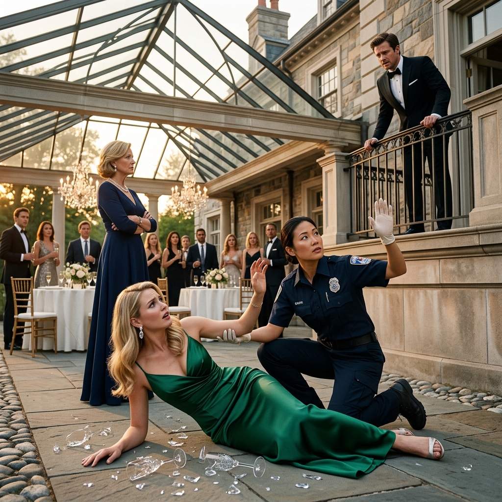 461 "He pushed me!" Bridget Lawson cries after crashing onto the stone terrace beneath the birthday celebration. Tyler Lawson pretends to be shocked, but Sarah Chen pays attention to something else entirely. As Bridget struggles to feel her legs, Sarah quietly finishes her examination before looking directly toward Tyler. Her expression leaves no doubt that she has recognized something deeply suspicious. The party falls silent when she calmly orders another paramedic to call the police.