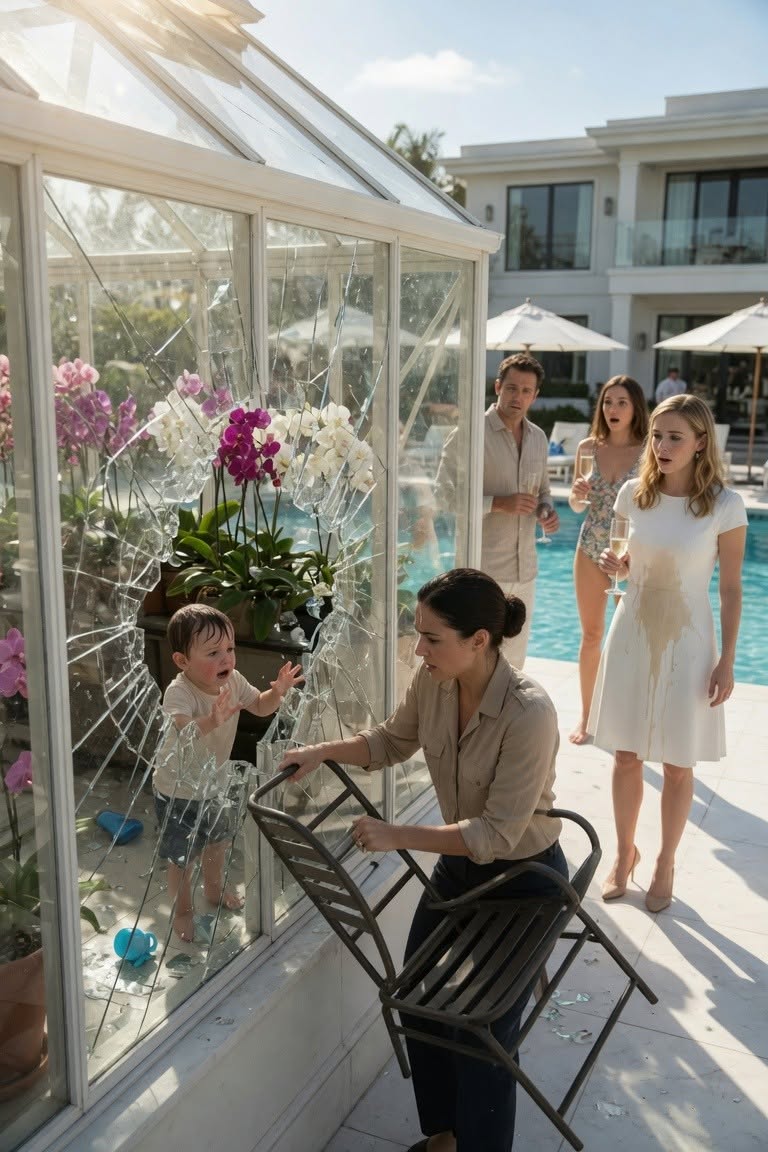 540 I only needed my wealthy sister-in-law to watch my toddler for one hour while I attended a required military briefing. Instead of helping, she sneered and called my son a “filthy little rat.” My husband ignored the warning and left Ethan there anyway. When I reached her exclusive mansion pool party, I found my child sobbing inside a glass greenhouse baking beneath the blazing afternoon sun while wealthy guests drank champagne and treated his suffering like entertainment. I didn’t raise my voice. I simply crossed the crowded patio, lifted a steel chair, and shattered the glass enclosure. As conversations stopped and every head turned toward me, I decided it was time to demonstrate exactly what years serving in an overseas conflict zone had taught me.