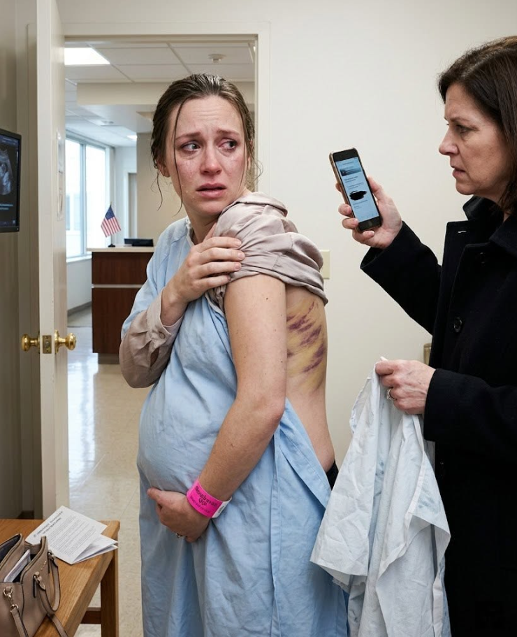 120 At the VIP wing of Rosehaven Women’s Medical Center, I was helping my nine-month-pregnant daughter change before her final ultrasound when her blouse slipped from her shoulders—and I saw massive bruises across her back and ribs, stamped in the tread pattern of heavy boots.